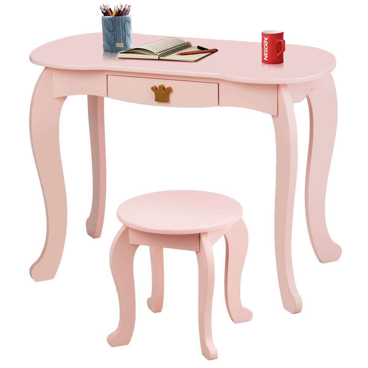 Princess Makeup Vanity Set with Mirror & Chair for Girls - Pretend Play Beauty Dressing Table (Pink) - Perfect for Bedroom Playroom