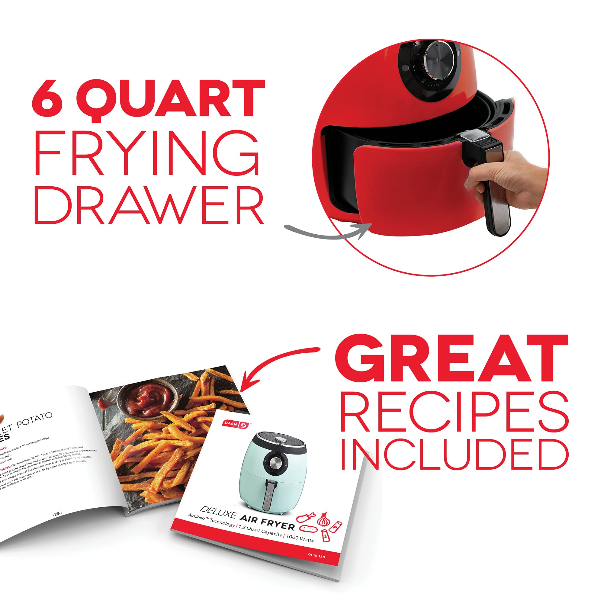 Dash Deluxe 6 Quart Electric Air Fryer Oven Cooker with Temperature Control, Non-Stick Basket & Auto Shut Off - 1700W, Red | Perfect for Healthy Frying, Baking, Roasting & Reheating | Ideal for Family Dinners, Meal Prep & Quick Snacks