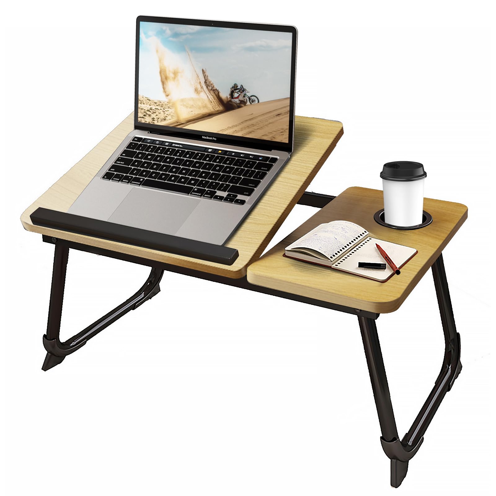Adjustable Laptop Desk for Bed or Couch - Portable Lap Desk with Cup Holder & Folding Legs - Walnut Wood Bed Tray for Working, Eating Breakfast, Watching Movies - Perfect Home Office & Relaxation Companion