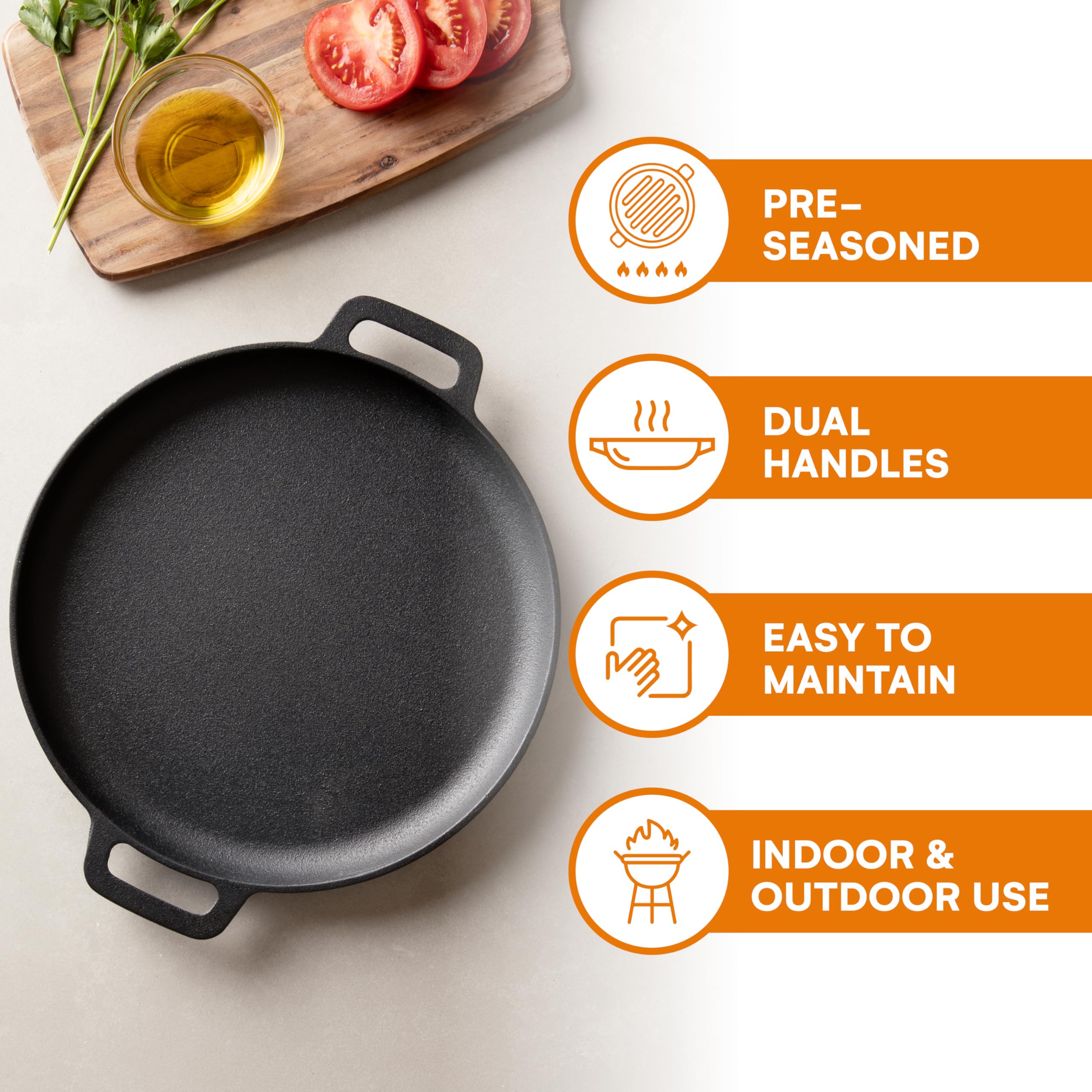 Bruntmor 12-Inch Pre-Seasoned Cast Iron Skillet Pizza Pan - Heavy-Duty Dual Handle Frying Pan for Oven, Stove & Campfire - Perfect for Outdoor Cooking, Baking & Grilling at Home, Camping or BBQ Parties