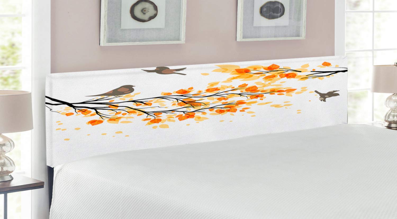 Ambesonne Fall Headboard - Pastel Autumn Design with Soft Orange Leaves & Flying Birds, Upholstered Decorative Metal Bed Frame with Memory Foam, King Size in Yellow Cream | Perfect for Cozy Bedroom Decor & Seasonal Home Styling