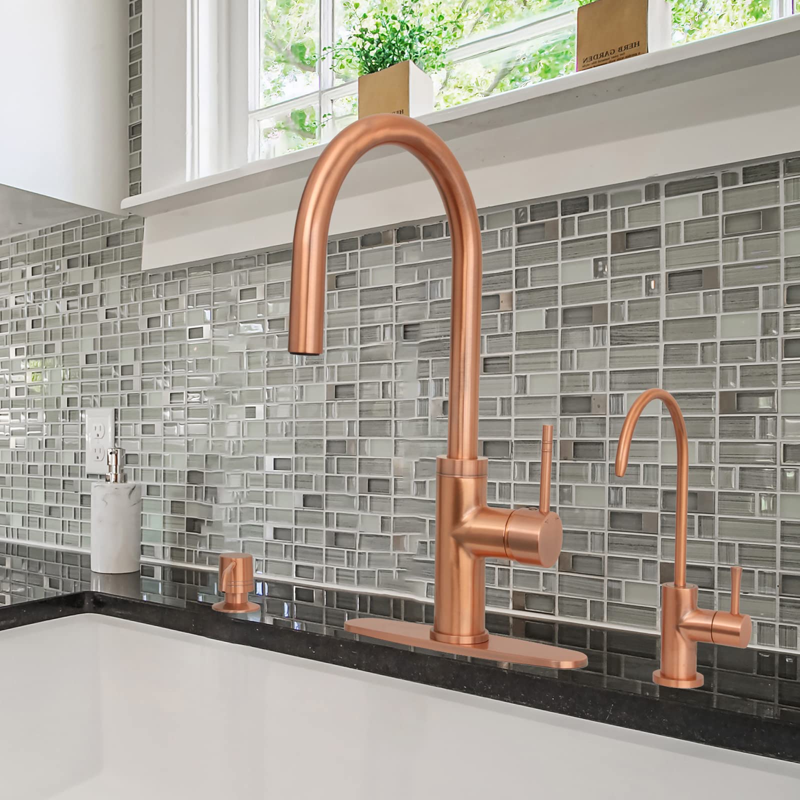**Solid Brass Pull Out Kitchen Faucet with Deck Plate - Single Handle Pull Down Sprayer Sink Faucet (Copper) - Perfect for Modern Kitchens, Renovations & High-End Homes**
