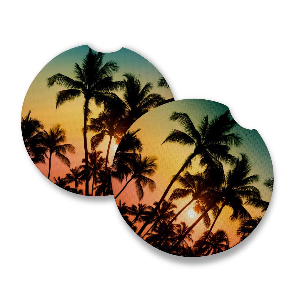 Palm Tree Sunset Car Coasters Set of 2 - Absorbent Drink Coasters with Non-Slip Rubber Backing (2.56 Inch) - Perfect Car Accessories for Coffee, Soda & Water Cups - Great for Road Trips & Commuting