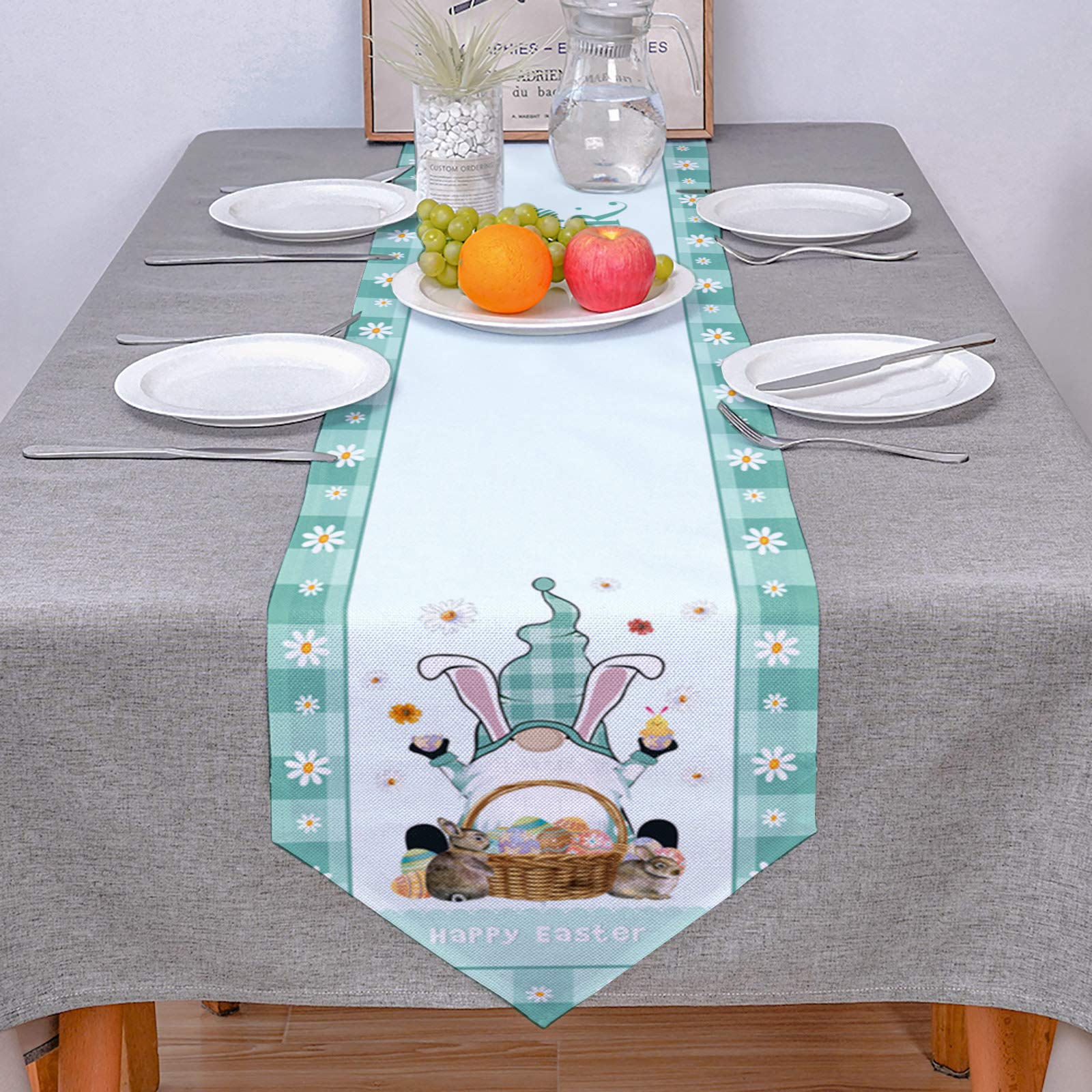 ALAGEO Easter Gnome Table Runner - Bunny Ears Gnome Decorative Runner, Machine Washable Teal Green Check Plaid Dresser Scarf for Spring Easter Holiday Dinner Parties (13x108 Inch) | Perfect for Easter Decor, Holiday Tablescapes & Seasonal Home Decor