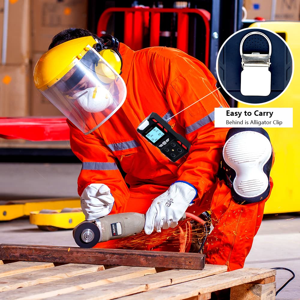 Portable 4-Gas Detector with Sound, Light & Vibration Alarms - Rechargeable Multi-Gas Monitor with LCD Backlight for Industrial Safety | Workplace, Confined Space & Hazardous Area Gas Detection