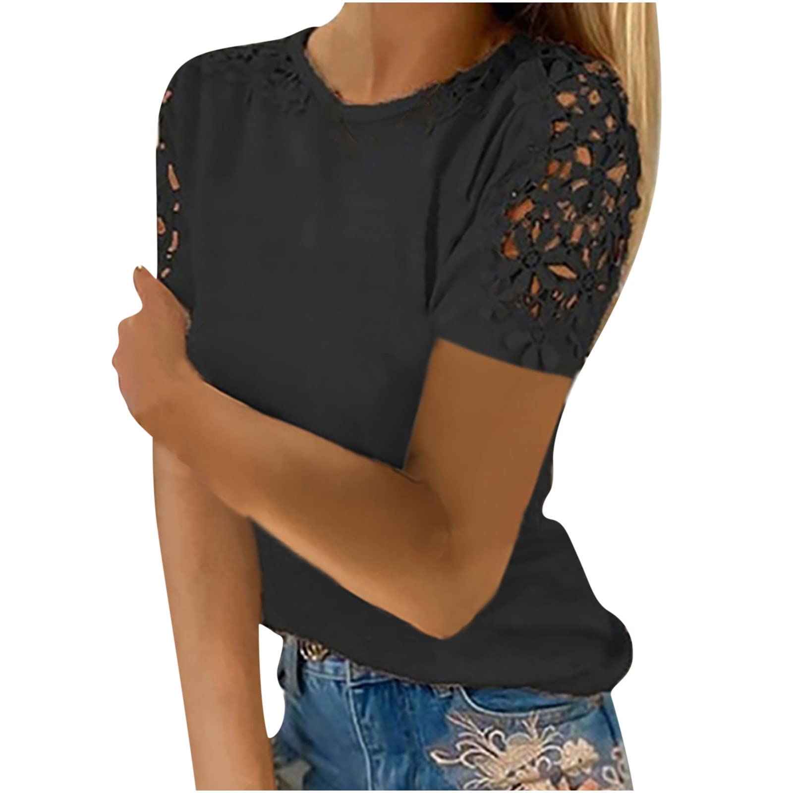 Women's Loose Fit Tunic Tops with Lace Sleeves - Round Neck Short Sleeve Blouse for Summer & Spring - Plus Size Casual Elegant Tee Shirt - Breathable Comfortable Shirts for Work, Travel & Everyday Wear