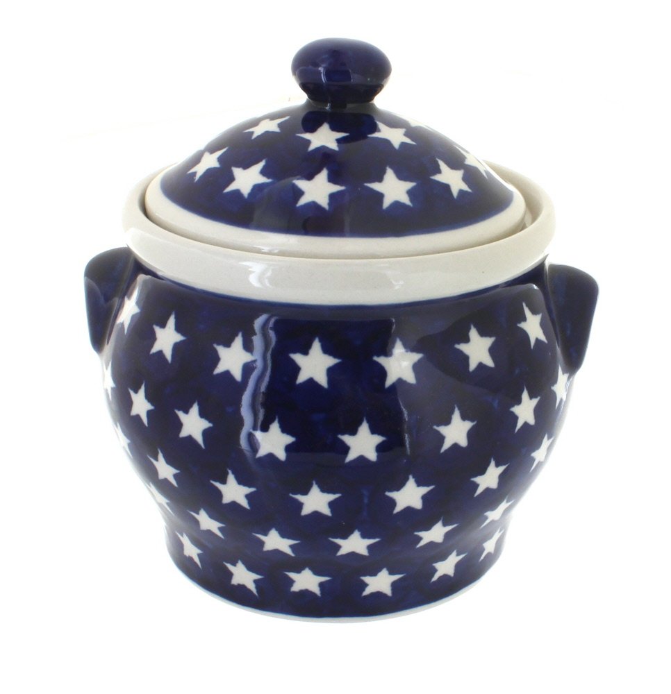 Blue Rose Polish Pottery Stars Medium Canister - Handmade Ceramic Cookie Jar with Lid, Vintage Kitchen Storage Container for Flour, Sugar, Coffee & Tea - Perfect for Farmhouse, Rustic & Country Style Decor