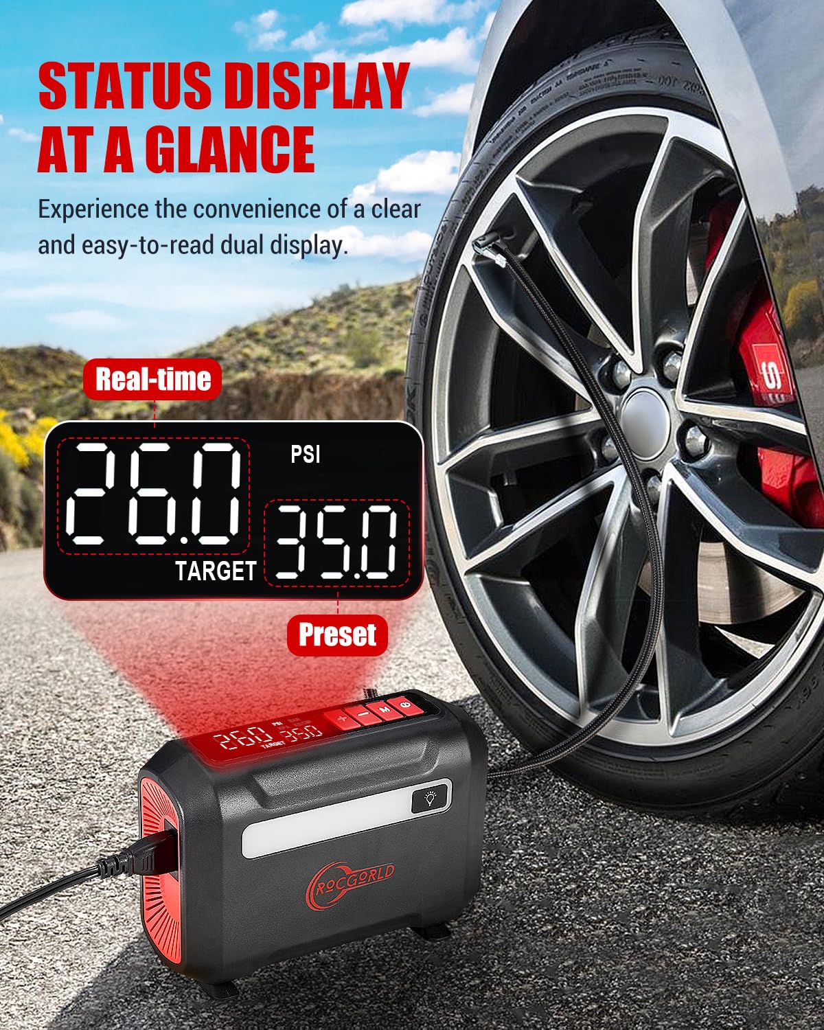 R8 Tire Inflator Portable Air Compressor - 12V DC Fast Inflation Air Pump with Large Dual Digital Display - 3X Faster for Cars, Bikes, Motorcycles, Sports Balls - Perfect for Road Trips, Camping & Emergency Tire Inflation