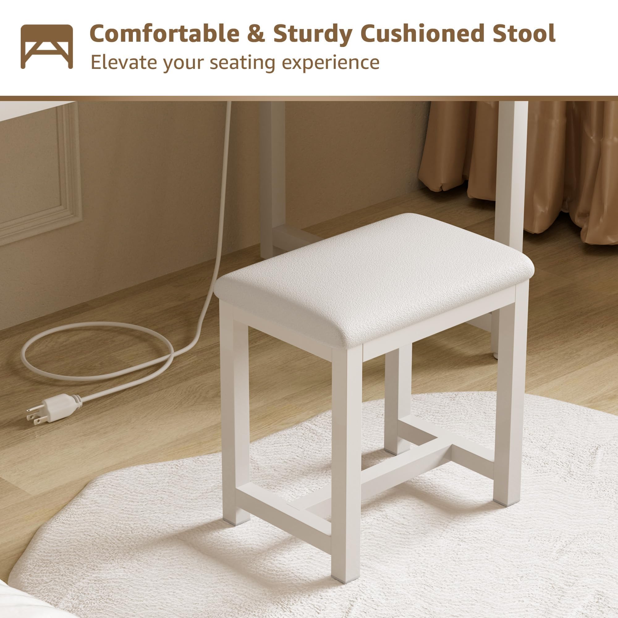 White Vanity Desk with Mirror & LED Lights - Makeup Dressing Table Set with Chair, 8 Fabric Drawers & Power Outlet | Perfect for Girls Bedroom, Home Beauty Salon & Bridal Makeup Station