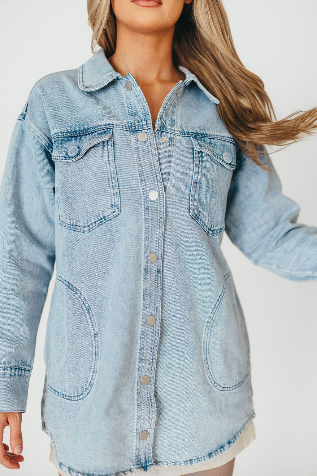 Meritt Longline Denim Jacket for Women - Light Wash Distressed Denim Coat | Casual Streetwear, Spring & Fall Layering Essential