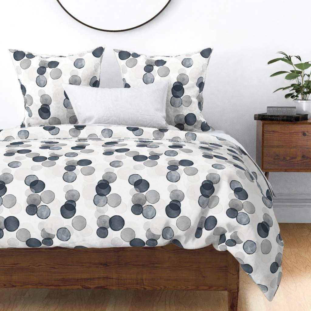 Custom Watercolor Bubbles & Neutral Polka Dot Printed Cotton Sateen Duvet Cover - Full/Queen Size Gray Charcoal Bedding for Cozy Bedroom Decor