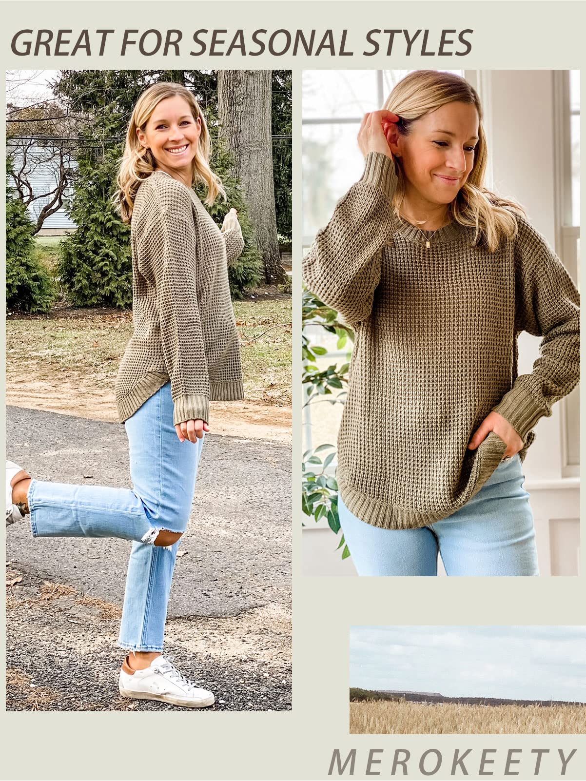 MEROKEETY Women's 2024 Long Sleeve Waffle Knit Sweater - Crew Neck Solid Color Pullover Jumper Tops for Women | Cozy Fall Winter Casual Wear, Office Outfits & Weekend Layering