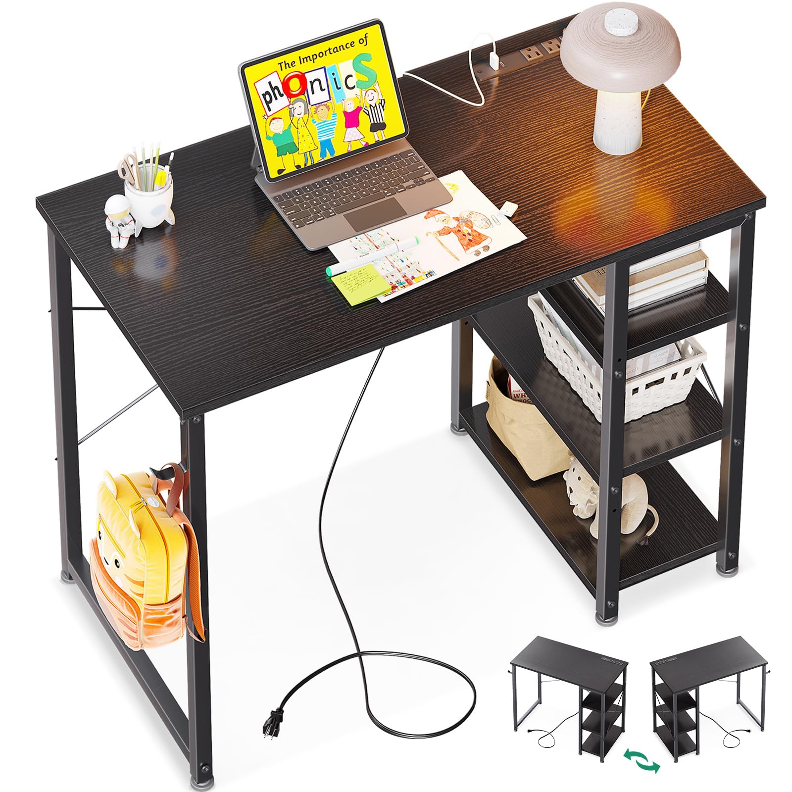 AODK 32 Inch Small Laptop Desk with Power Outlet, USB & Type-C Charging Port - 3-Tier Reversible Storage Shelf Writing Desk for Home Office (32