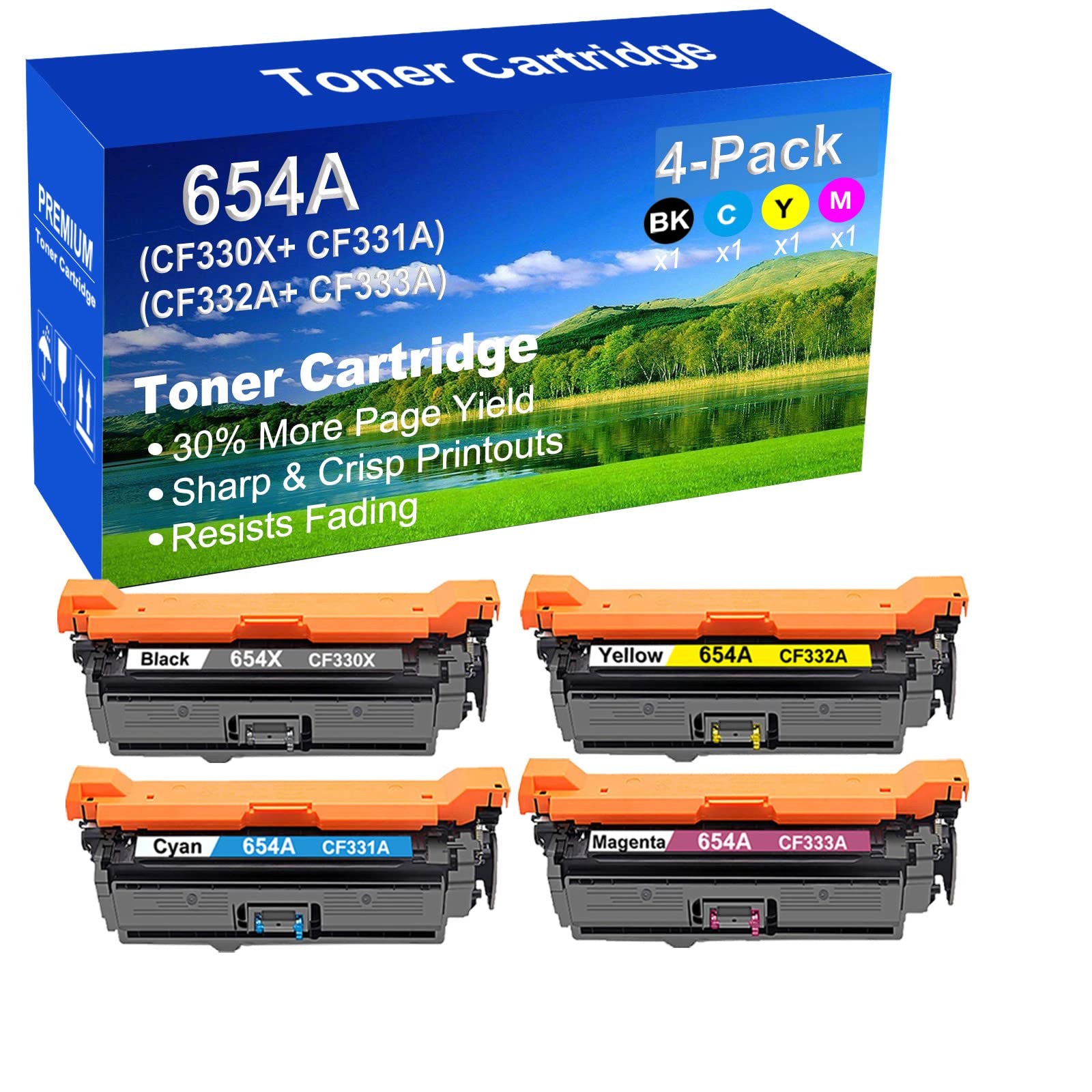 4-Pack High Yield 654X 654A (BK+C+Y+M) Compatible Toner Cartridges for HP M651 M651n M651dn M651xh Printers - Includes CF330X, CF331A, CF332A, CF333A - Perfect for Office & Home Printing Needs