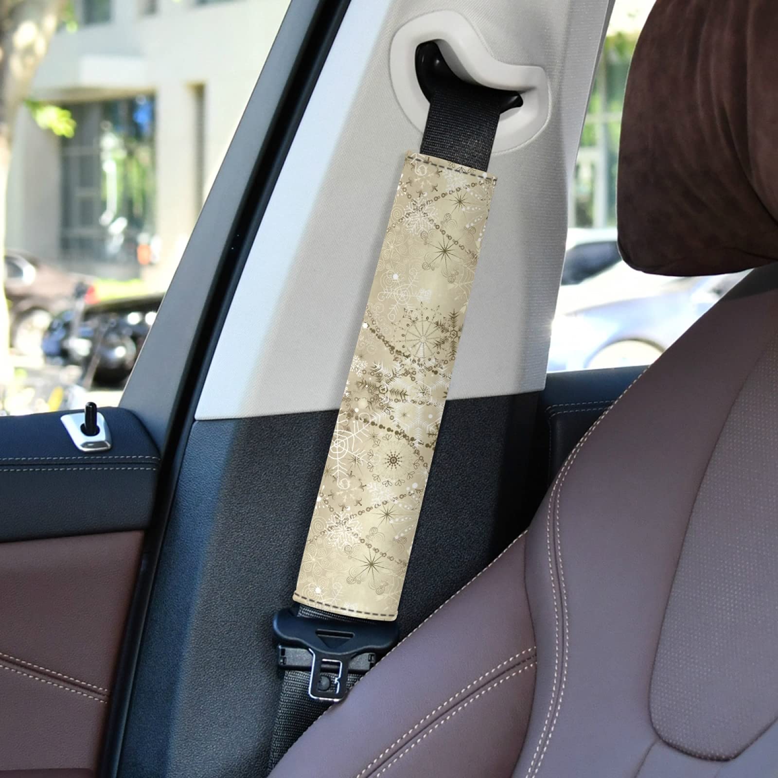 Golden Christmas Snowflake Car Seat Belt Covers (2-Pack) - Adjustable Universal Shoulder Strap Pads for Adults & Kids | Comfortable Driving Accessories for Winter Holidays & Daily Commute