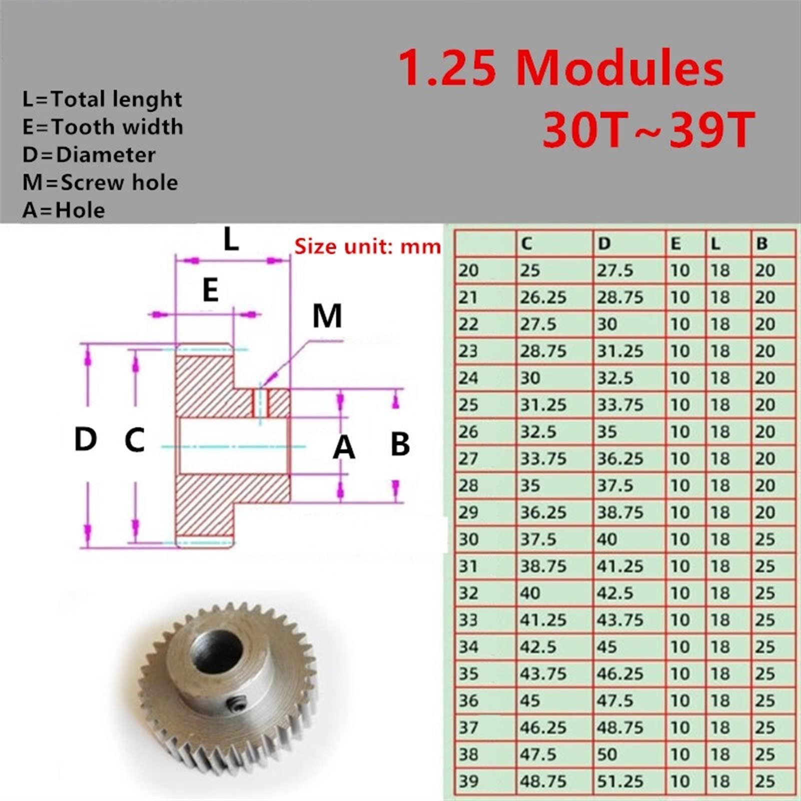 1.25 Module 30T-39T Carbon Steel Spur Gear & Pinion Set - 4mm to 8mm Bore - for RC Cars, Robotics, and DIY Machinery Projects (32 Teeth, 8mm Bore)