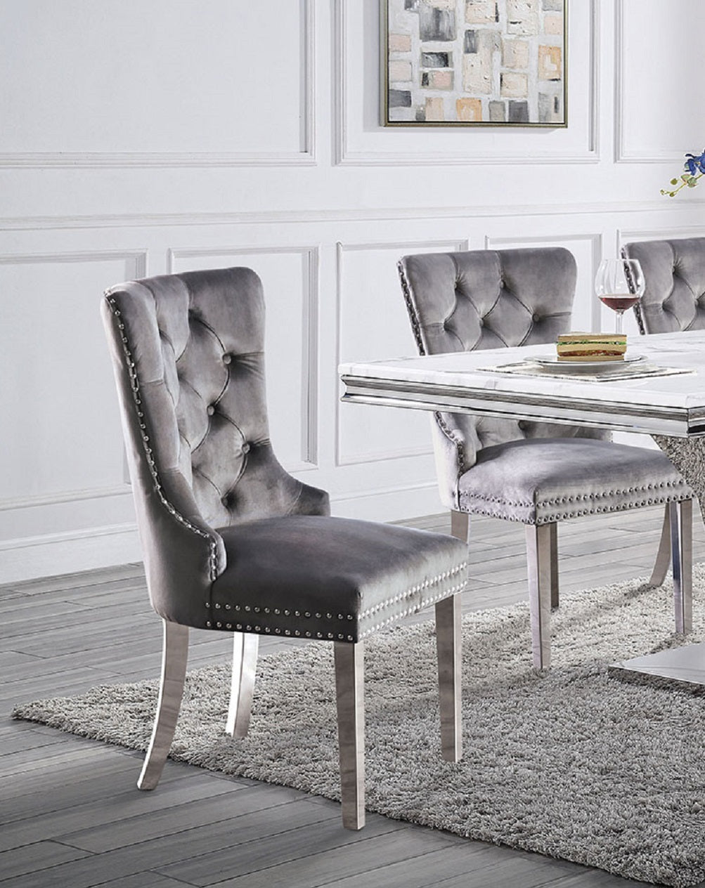 Contemporary Gray Flannelette 2-Piece Side Chairs Set - Button Tufted Upholstered Dining Chairs with Wingback Design | Perfect for Modern Dining Rooms, Kitchen Nooks & Small Spaces