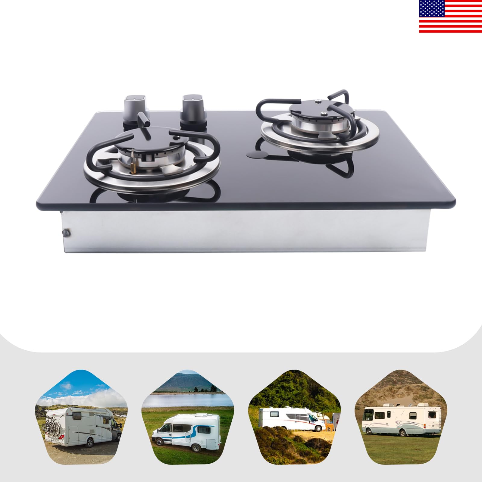 Portable 2-Burner RV Gas Stove with Tempered Glass Cooktop - LPG Camping Stove for RV, Boat & Caravan - 3D Air Intake System (Black) - Perfect for Outdoor Cooking, Road Trips & Camping Adventures