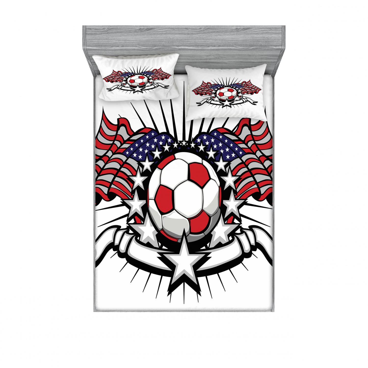 Lunarable Sports 2-Pack Fitted Sheet & Pillow Sham Set - American Soccer USA Flags Design, 4-Piece Bedding Decor (2 Twin XL Fitted Sheets & 2 Pillow Cases) - Royal Blue, Pale Grey & Red - Perfect for Dorm Rooms, Game Day Decor & Sports-Themed Bedrooms