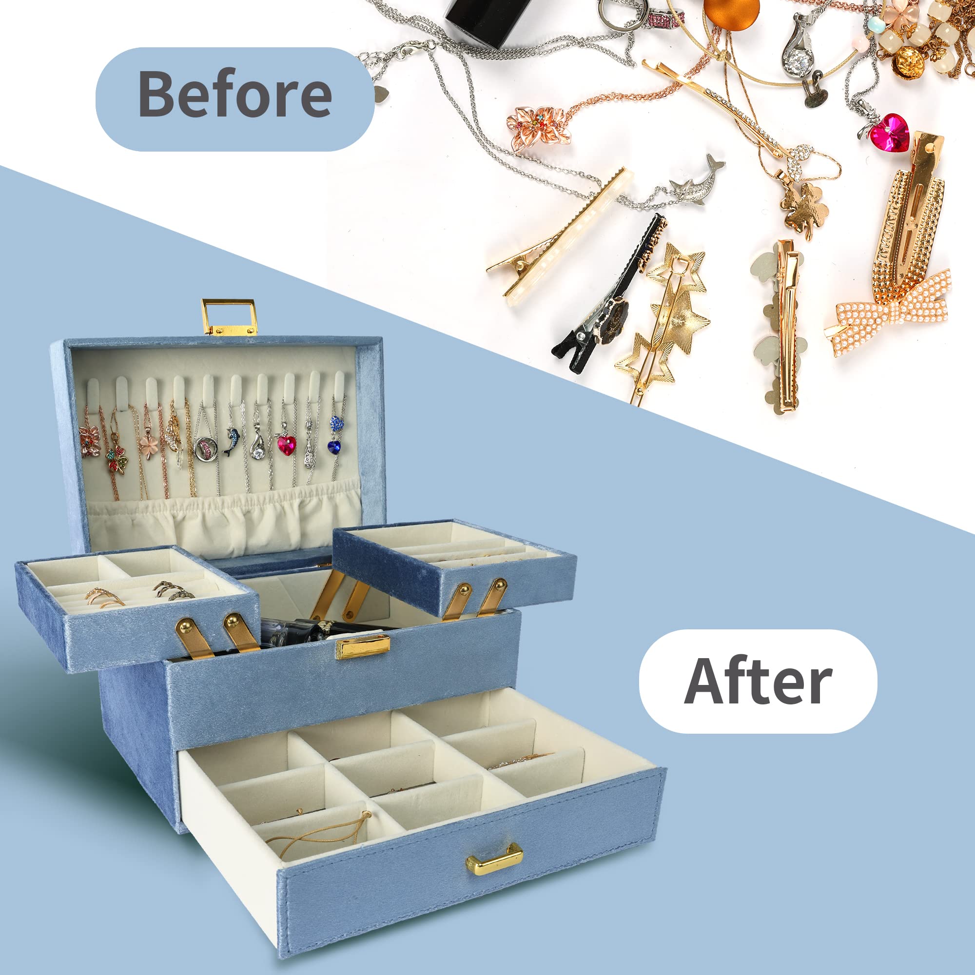 Dajasan Velvet Jewelry Organizer Box for Women - Elegant Jewelry Storage Case for Rings, Necklaces, Bracelets, Earrings & Watches (Blue) - Perfect for Bedroom Vanity, Travel & Gift Giving