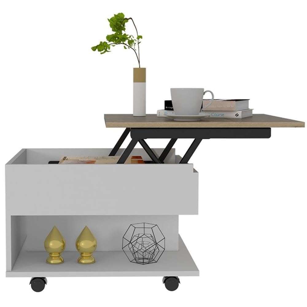 Tuhome Luanda Lift Top Coffee Table with Casters and Storage Shelf, White/Light Oak - Perfect for Living Room, Office, and Small Spaces