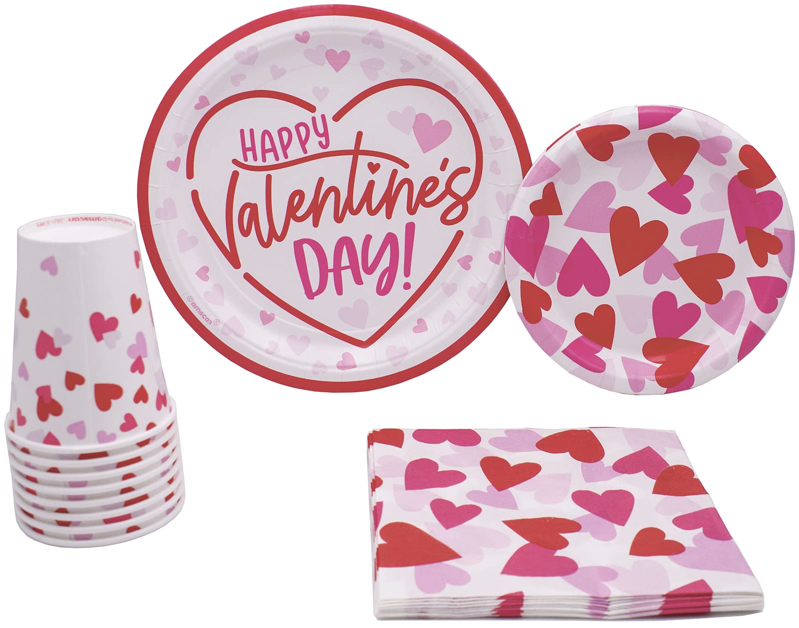 Valentine's Day Party Supplies Set for 16 - Disposable Heart Print Paper Plates, Napkins & Cups | Perfect for Romantic Dinners, Anniversary Celebrations & Couples' Gatherings