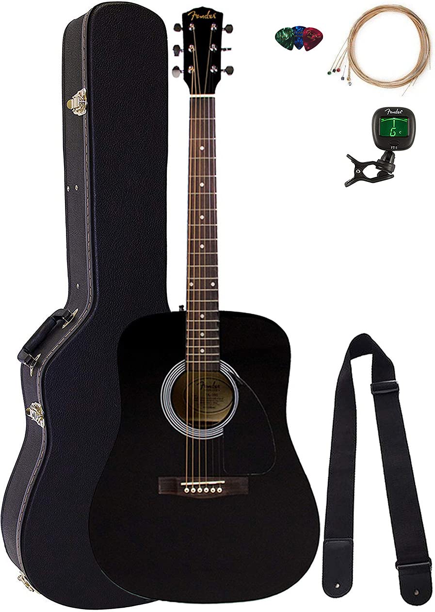 Fender FA-115 Dreadnought Acoustic Guitar Bundle with Hard Case, Tuner, Strings, Strap & Picks - Black | Perfect for Beginners, Campfire Jams & Live Performances