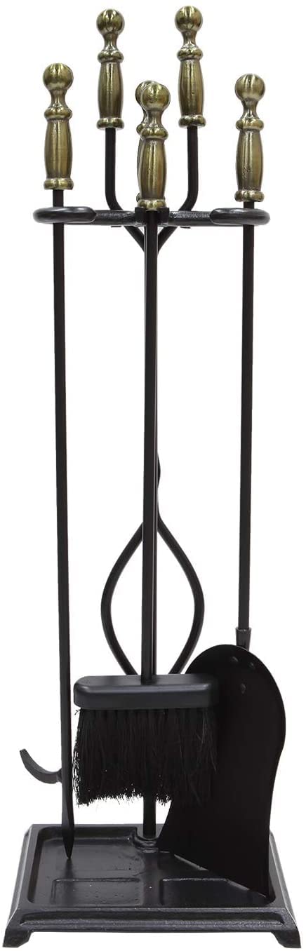 Westminster 5-Piece Fireplace Tool Set - Elegant Antique Brass & Black Iron Design for Luxury Home Decor - Perfect for Fireplace Maintenance & Cozy Living Room Ambiance