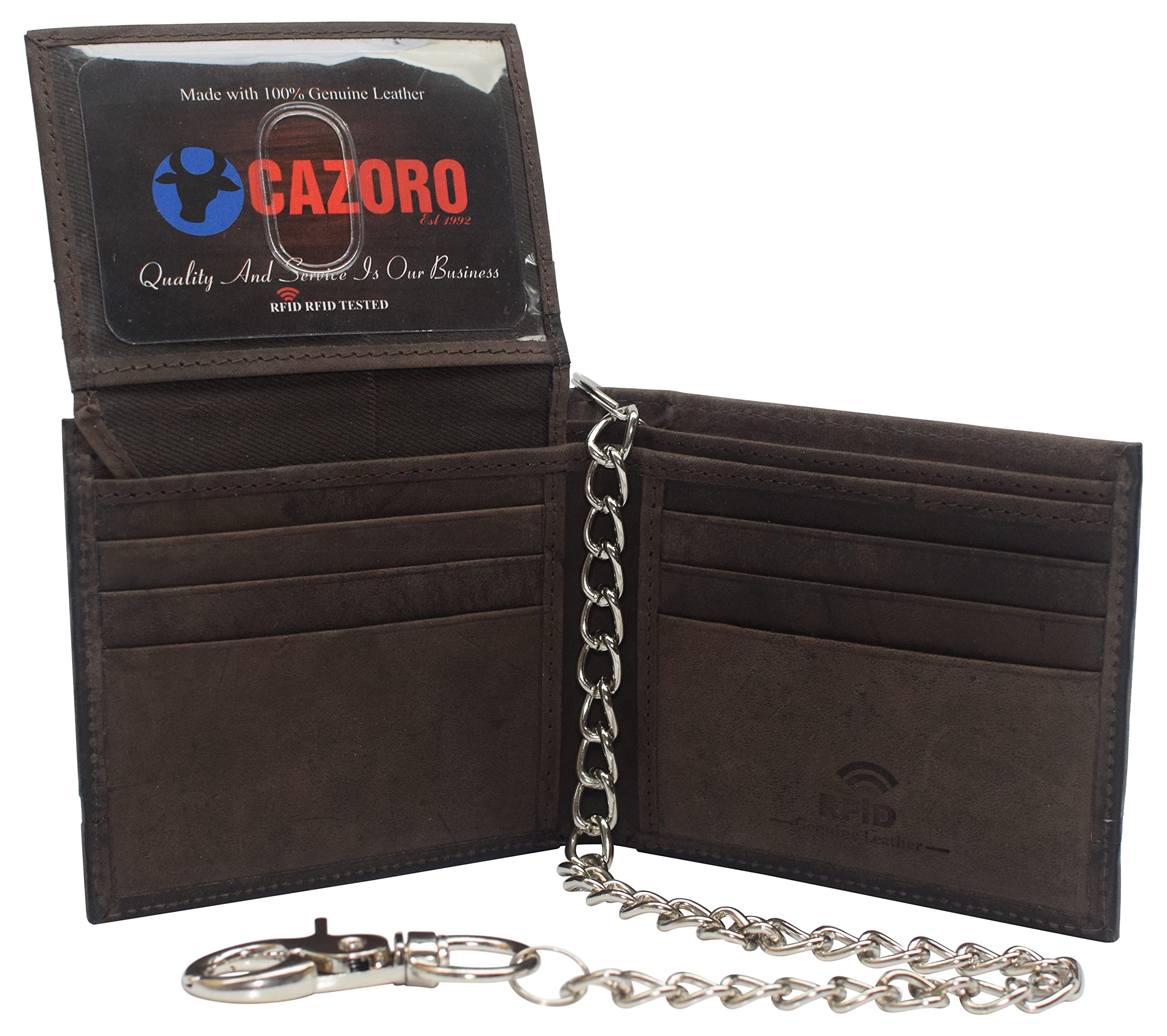 Genuine Leather RFID Blocking Biker Wallet for Men - Chain Bifold Flap Up ID Holder (Brown) - Perfect for Motorcycle Riders & Everyday Carry
