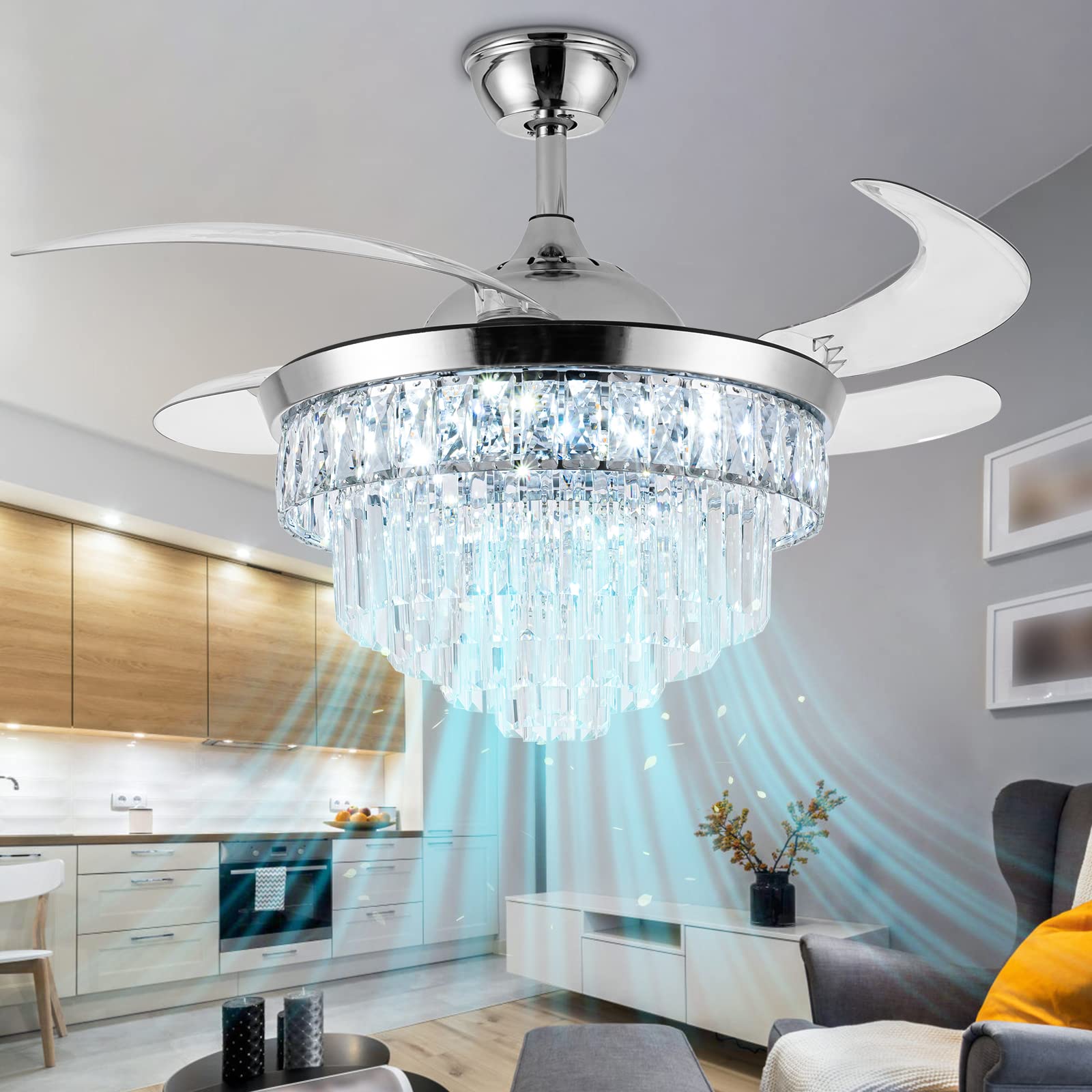 42 Inch Crystal Ceiling Fan with LED Light - Dimmable Modern Chandelier Fan, 6 Speed Retractable Blades for Bedroom, Living Room & Dining Room | Energy Efficient Cooling & Elegant Lighting Solution for Home Decor