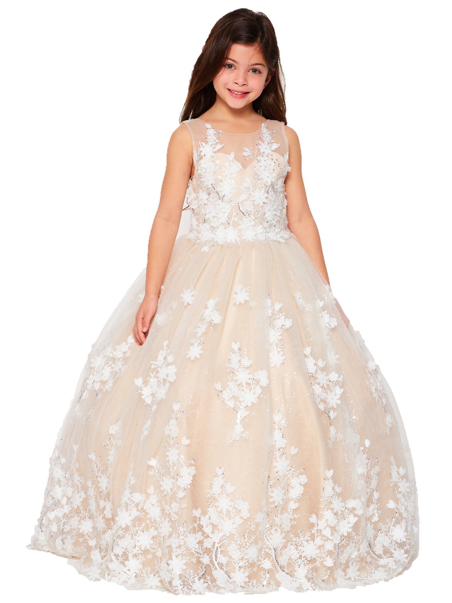 Champagne 3D Floral Applique Lace Sequin Junior Bridesmaid Dress for Big Girls Size 8-16 - Perfect for Weddings, Prom & Special Occasions