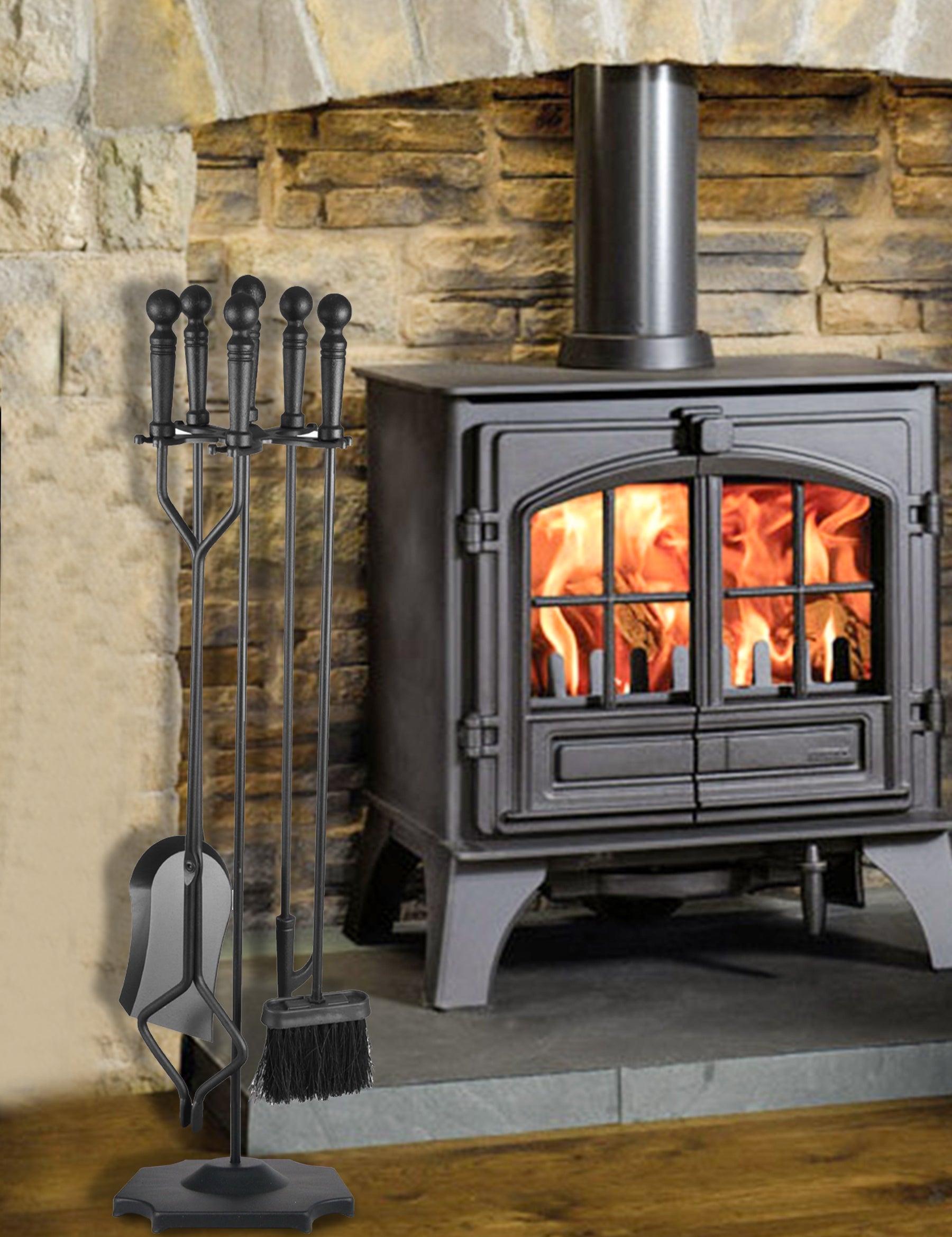 VODA™ 31.5 Inch Heavy Duty Cast Iron Fireplace Tool Set with Stand - VDTS205 - Perfect for Indoor Fireplace Maintenance and Home Decor