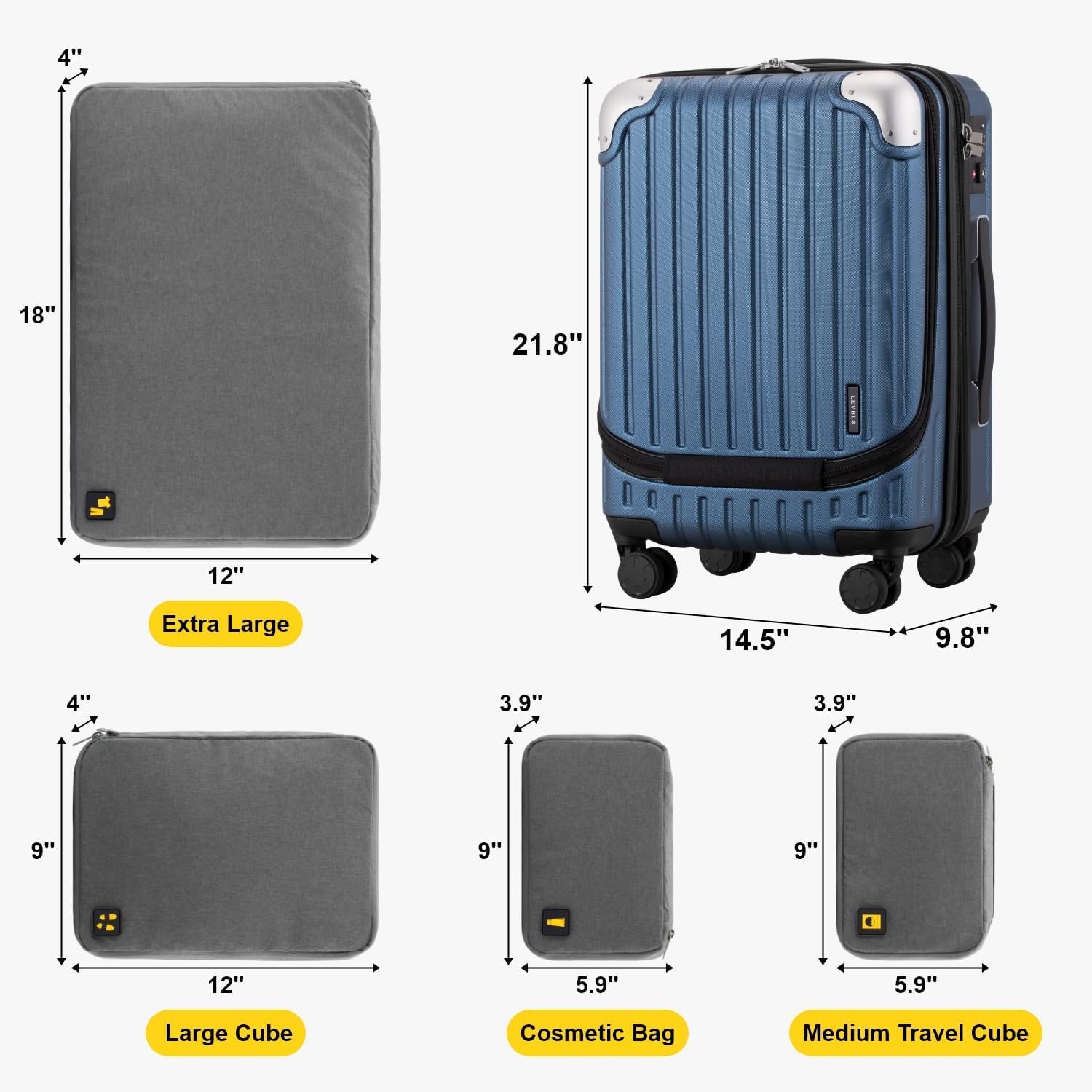 LEVEL8 Grace 20 Inch Expandable Hardside Carry On Luggage - Airline Approved ABS+PC Suitcase with 360° Spinner Wheels & TSA Lock - Lightweight Blue Cabin Bag for Business Travel & Weekend Getaways