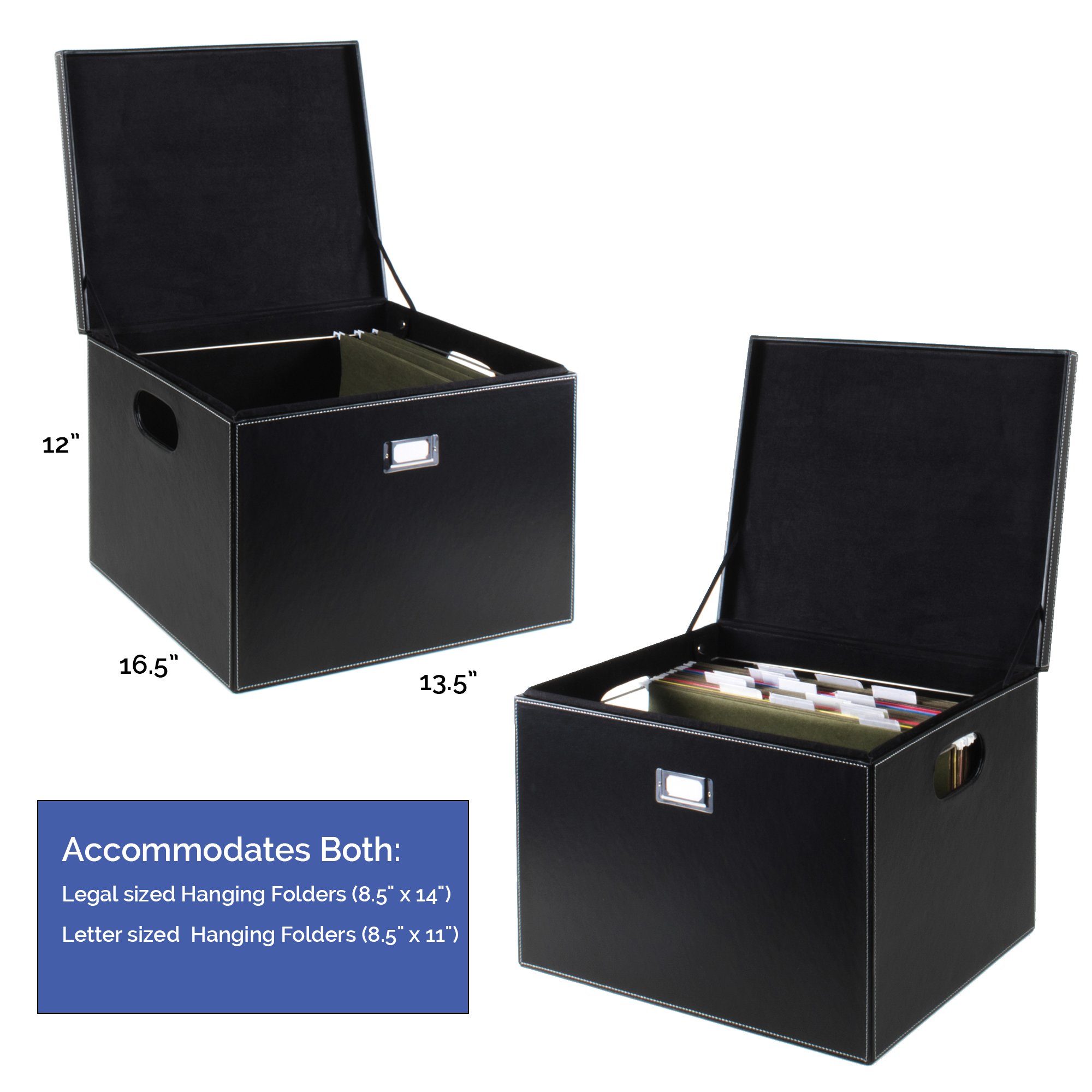 G.U.S. Hanging File Box with Lid - Black Leatherette Letter & Legal Size File Organizer | Portable Desktop Document Storage for Home & Office Organization | Perfect for Bills, Contracts, School Papers and Important Files