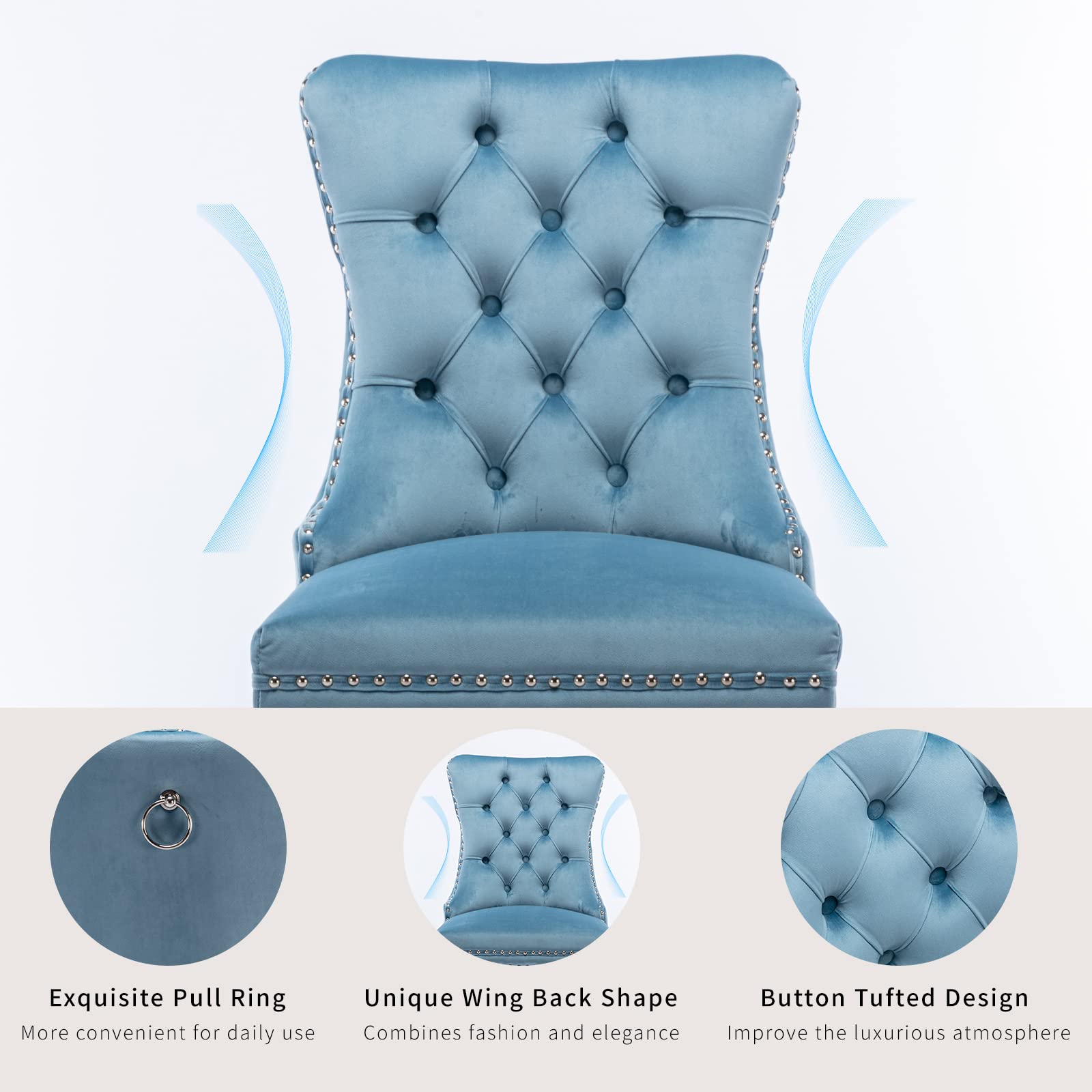 Luxury Blue Velvet Dining Chairs Set of 2 - Tufted Upholstered Kitchen & Dining Room Chairs with Solid Wood Frame - Elegant Light Blue Velvet Seating for Home, Restaurant or Wedding (2 Pieces)