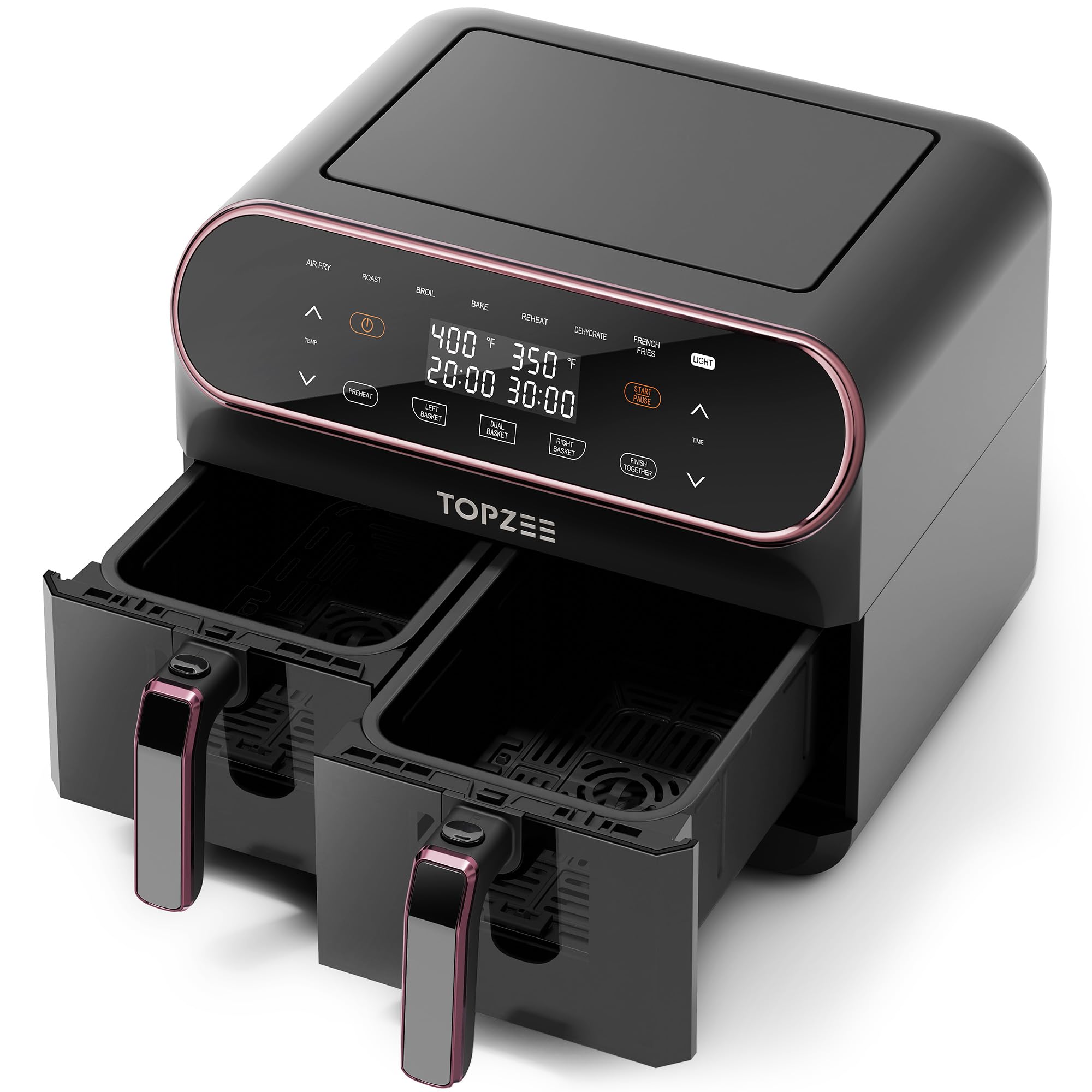 8 QT Large Dual Basket Air Fryer with Easy View Windows - Preheat, Air Fry, Roast, Bake, Dehydrate - 2x 4 QT Nonstick Dishwasher Safe Baskets (Pink Border) - Perfect for Family Meals, Healthy Cooking & Party Snacks