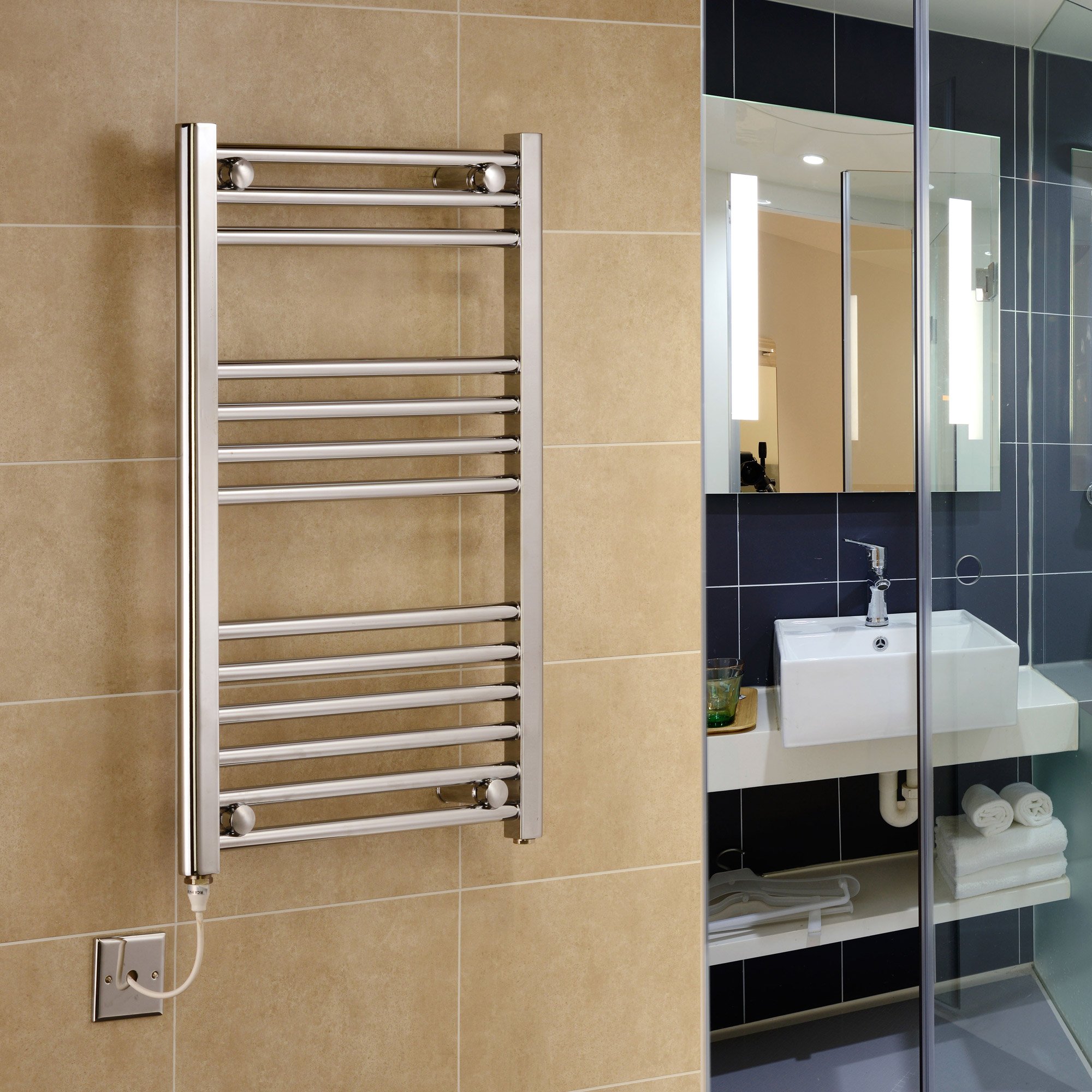 Greened House Chrome Straight Electric Heated Towel Rail - 600mm x 600mm Flat Bathroom Towel Radiator - Perfect for Modern Bathrooms & Spa-Like Experience
