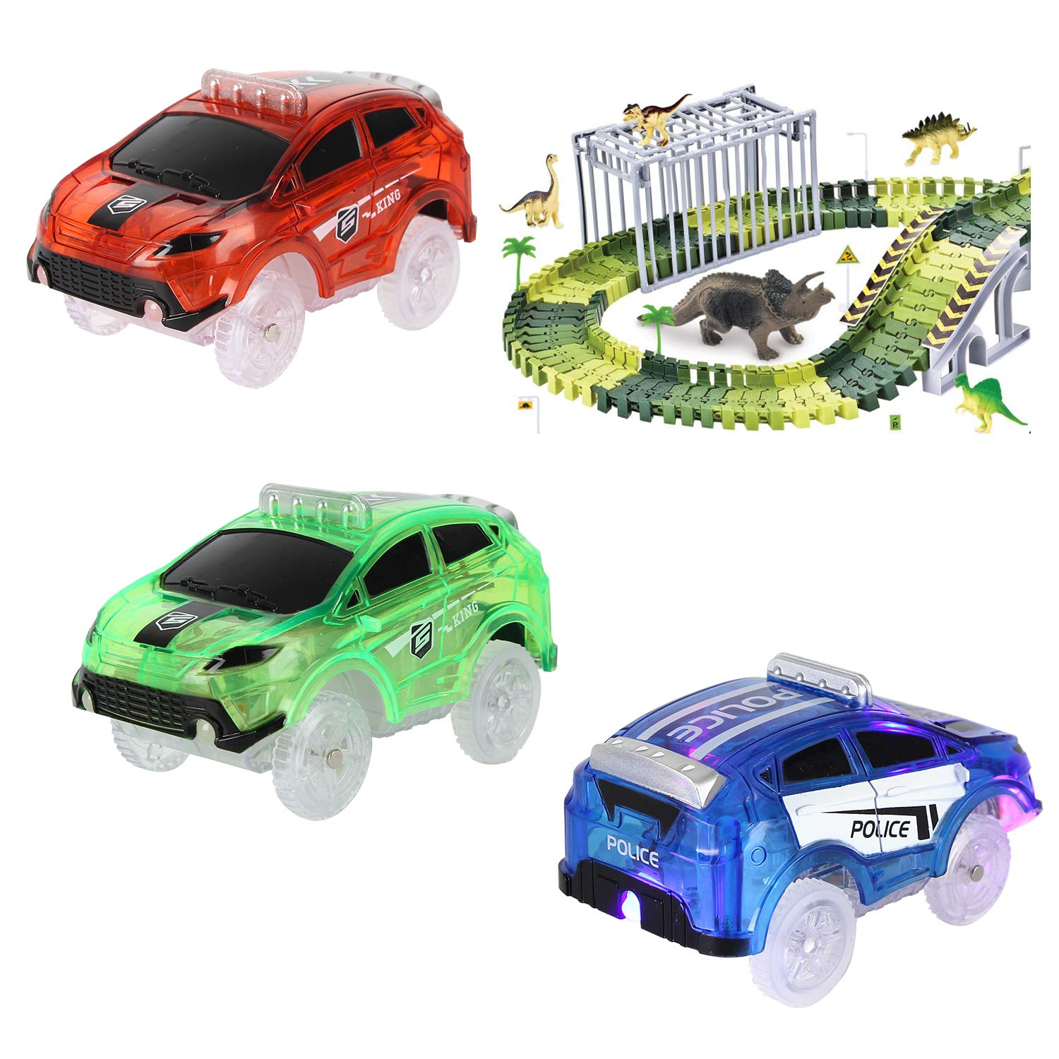 Magic Tracks Glow in the Dark Replacement Cars - 3 Pack Battery Powered LED Snap N Glow Race Cars with Flex Track, Compatible with Most Kids' Car Track Sets | Perfect for Nighttime Races & Indoor Playtime