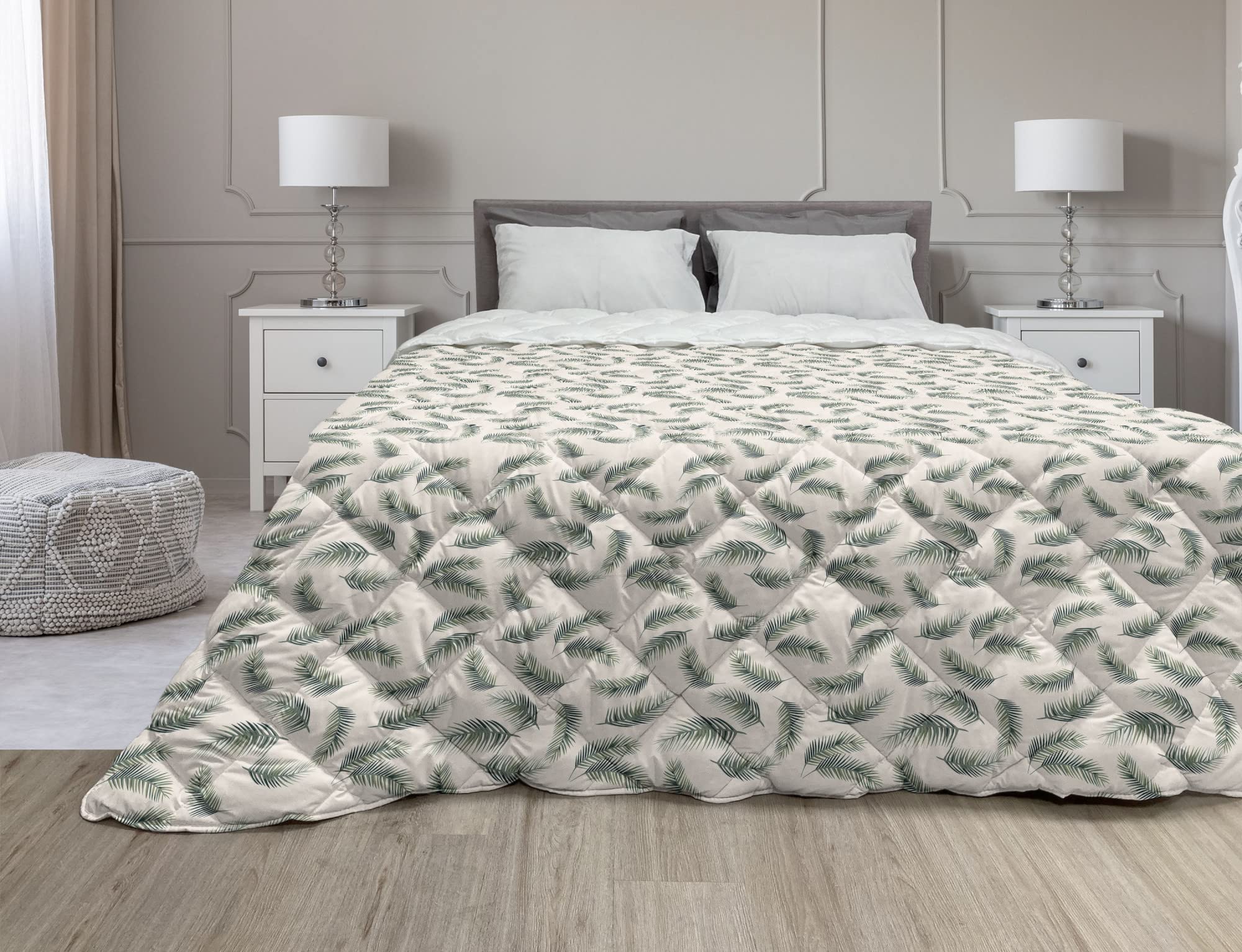 Ambesonne Beige Green Down Alternative Comforter Set - Twin Size All Season Microfiber Quilt with Modern Nature Themed Needle Leaves Continuous Pattern - Perfect for Bedroom, Guest Room & Dorm Decor