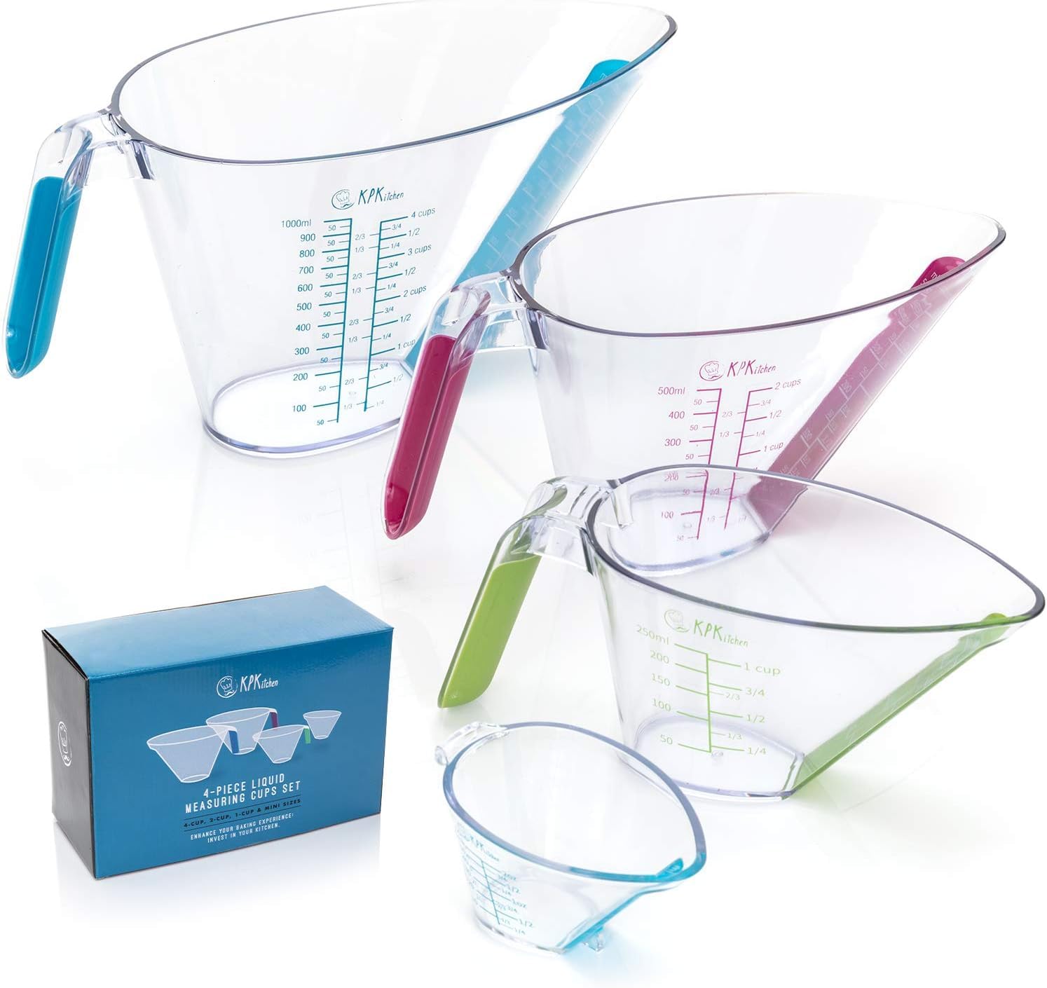 4-Piece Angled Liquid Measuring Cups Set - Mini 1oz, 2oz, 4oz & 8oz Plastic Measuring Cups with ML & Cup Measurements - KPKitchen Measuring Cups for Baking, Cooking & Mixing Drinks