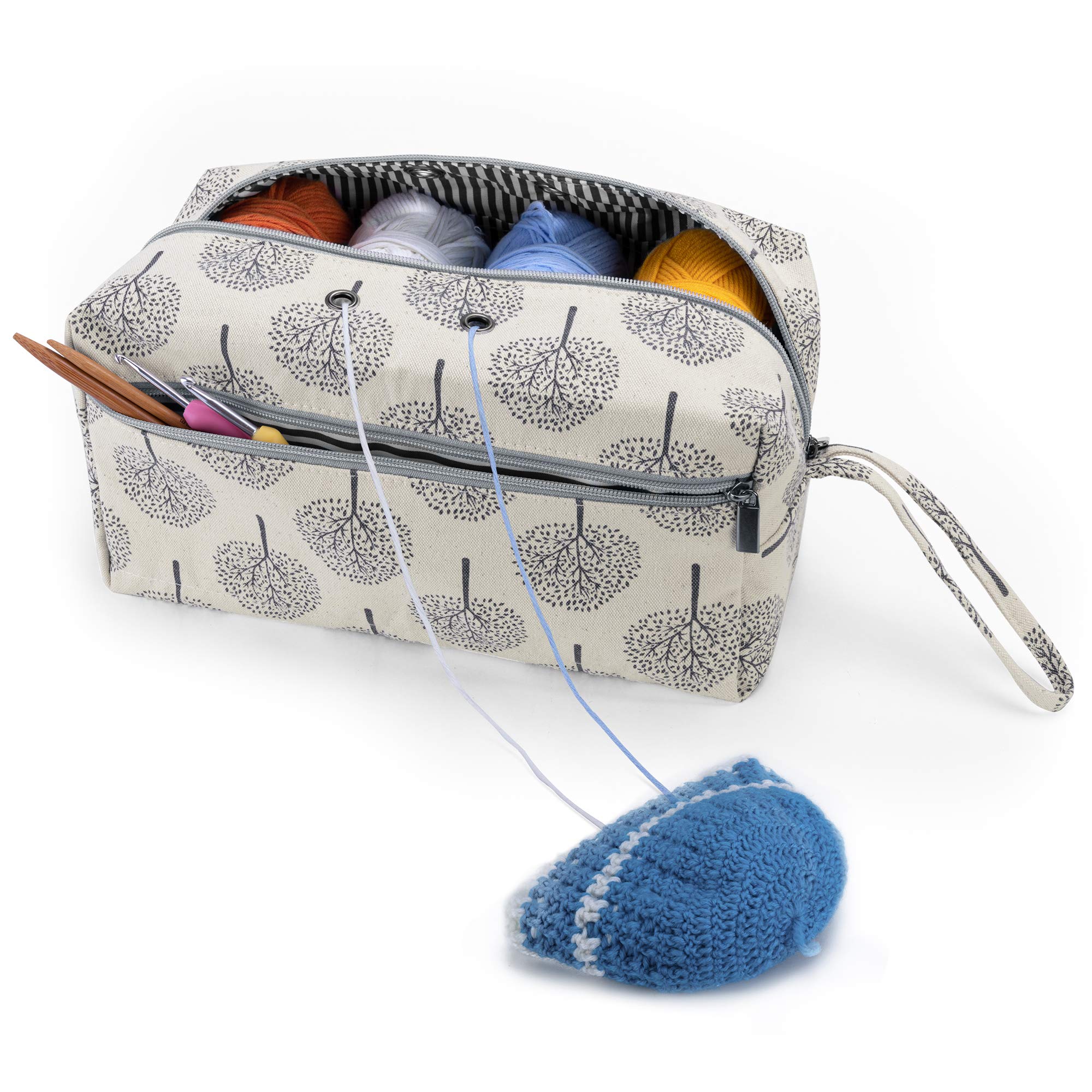 Luxja Large Yarn Storage Bag with Trees Print - Knitting Organizer for Yarn Skeins, Crochet Hooks & Needles up to 10 Inches - Perfect for Crafters, Knitters & Crochet Enthusiasts - Great for Home, Travel & DIY Projects
