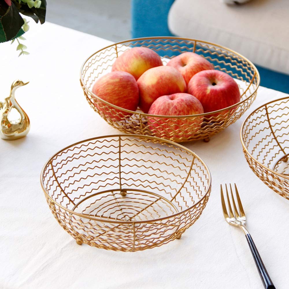 Golden Metal Fruit Basket - Modern Decorative Bowl for Fruits, Vegetables, Snacks & Bread - Large Capacity Kitchen Storage (7.5 x 25 cm) - Perfect for Dining Table Centerpiece, Kitchen Countertop & Party Serving