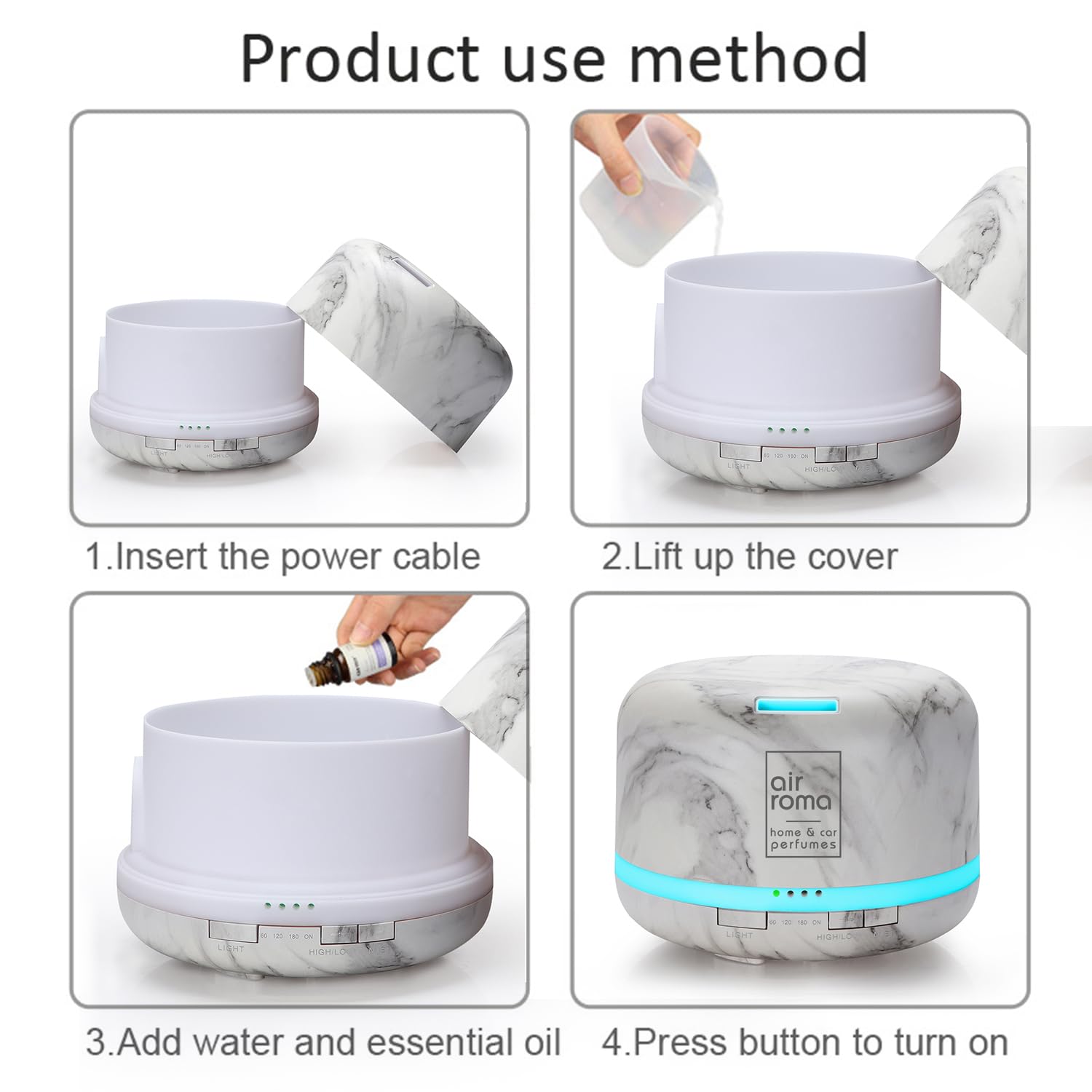AIR-ROMA 500Ml Ultrasonic Aroma Diffuser with Essential Oils - 7 Color LED Lights, Auto Shut-Off | Electric Aromatherapy Humidifier for Home, Office, Yoga & Spa Relaxation | Lemongrass Oil Included