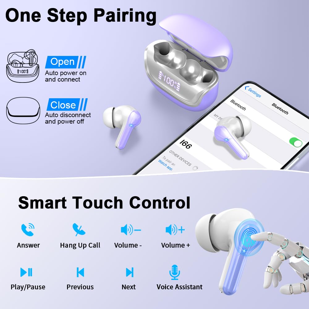 Wireless Earbuds Bluetooth 5.4 HiFi Stereo Headphones - 45H Playtime, 4 ENC Noise Cancelling Mics, IP7 Waterproof, LED Display, USB-C Charging - Perfect for Gym, Running, Travel & Work Calls