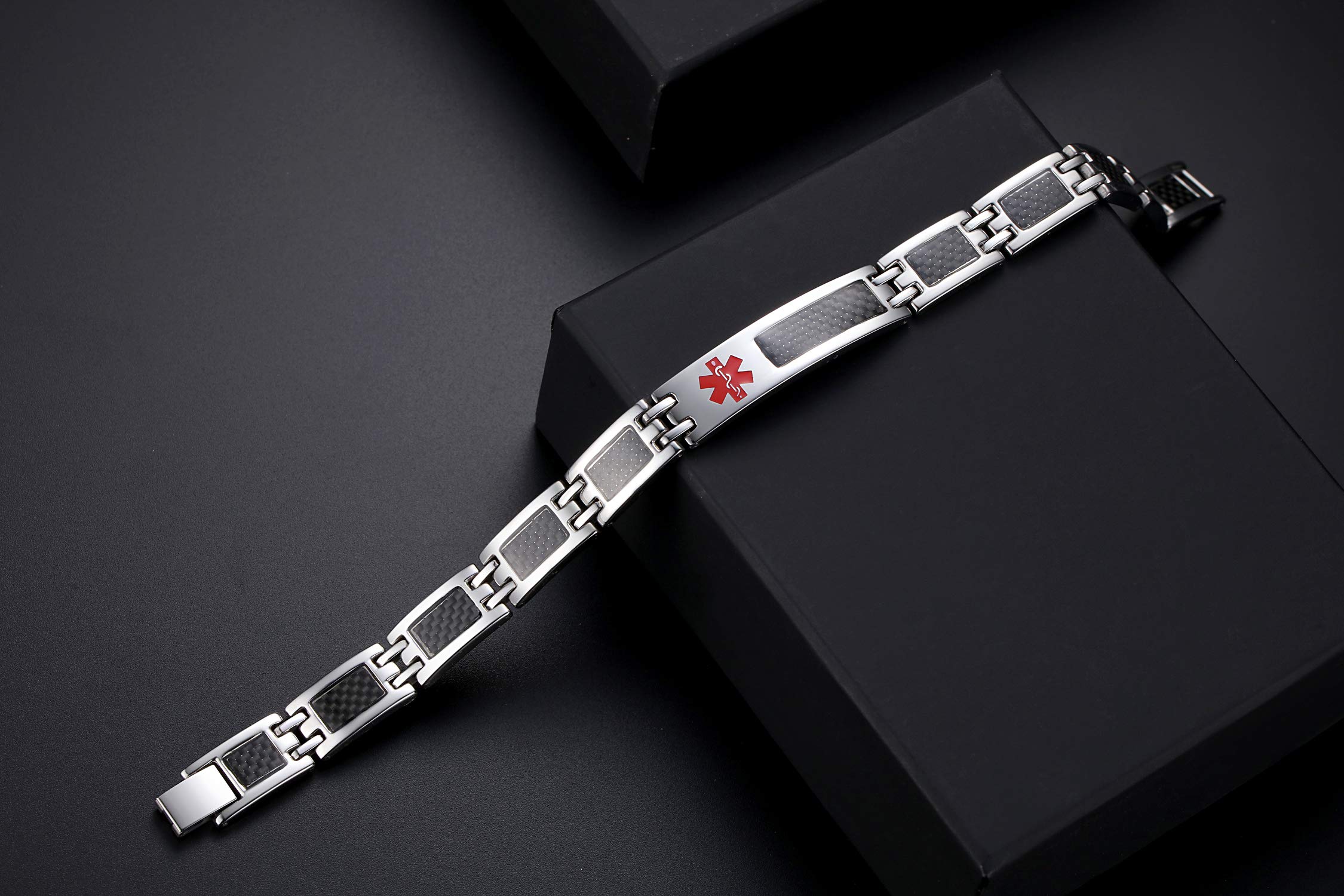 LinnaLove Black Carbon Fiber Medical Alert Bracelet for Men & Women - Stainless Steel ID Bracelet with Free Engraving - Perfect for Emergency Medical Identification & Everyday Wear