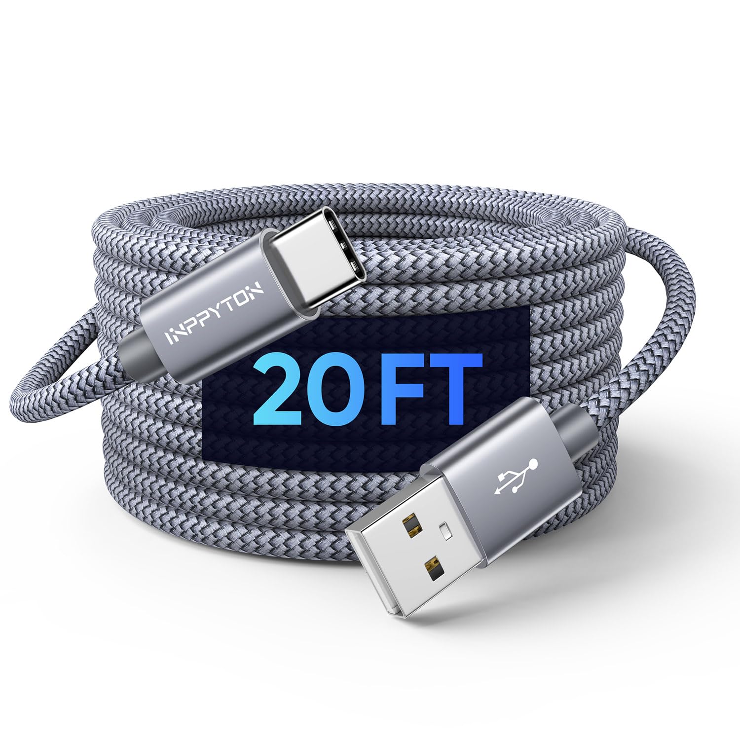20 Ft USB C Cable Fast Charging & Data Sync, Extra Long Durable Nylon Braided USB Type C to USB A 2.0 Cable (20 Feet) - Compatible with iPhone 16/15 Series, Samsung Galaxy, LG, Moto, Pixel, Nintendo Switch & More USB C Devices (Gray) - Perfect for Home, Office, Car Charging & Gaming Setups