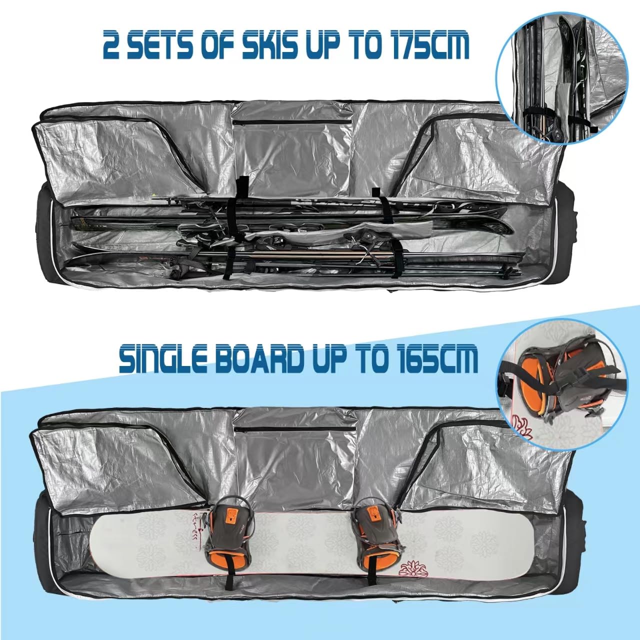 Best Rolling Ski Bag for Air Travel - Padded Snowboard Bag with Wheels, Fits 2 Sets of Skis - Perfect for Winter Sports & Mountain Vacations