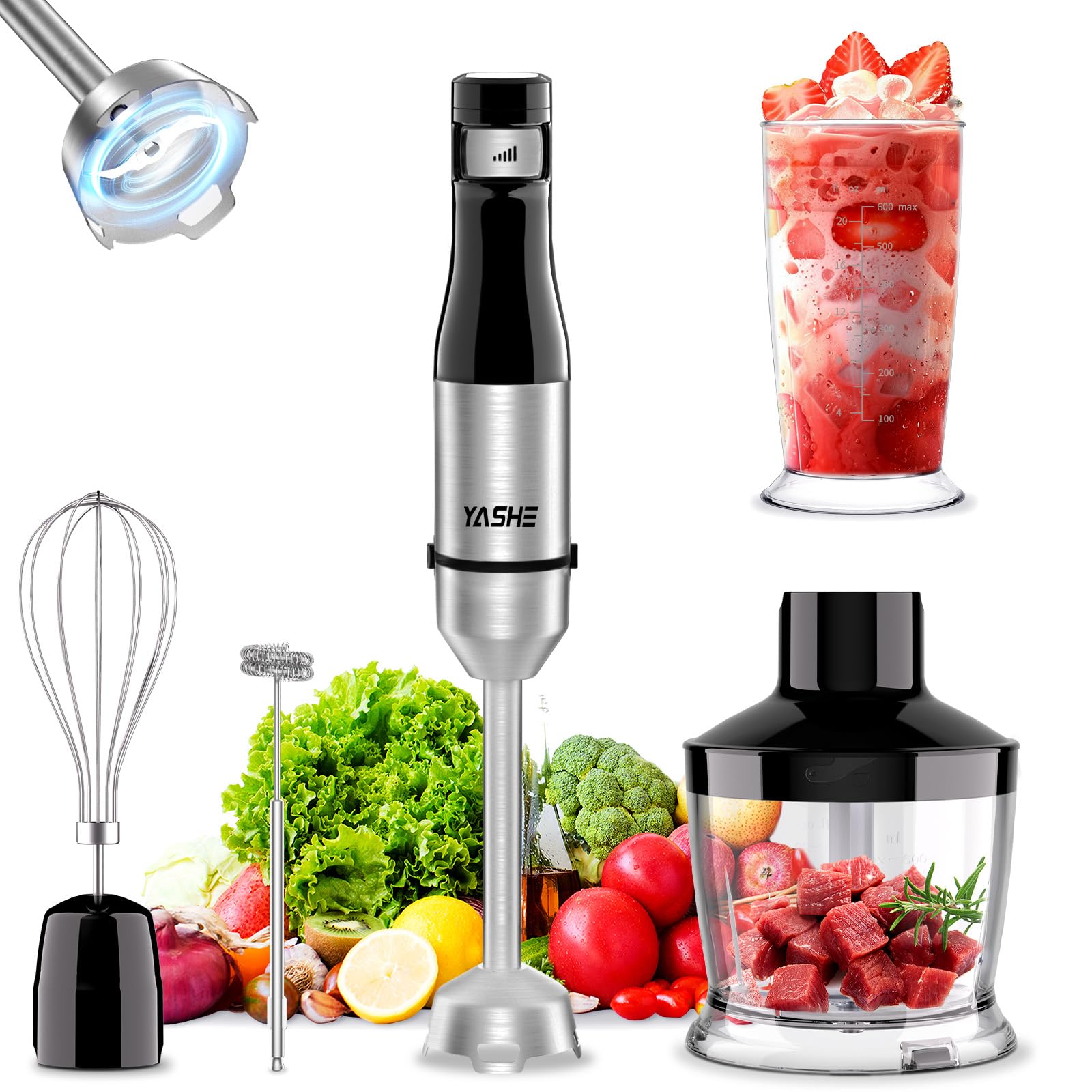 YASHE 5-in-1 Immersion Hand Blender with Variable Speed - Stainless Steel Shaft & Powerful Motor - Includes Chopper, Whisk & Milk Frother - Perfect for Soups, Smoothies & Baby Food Preparation