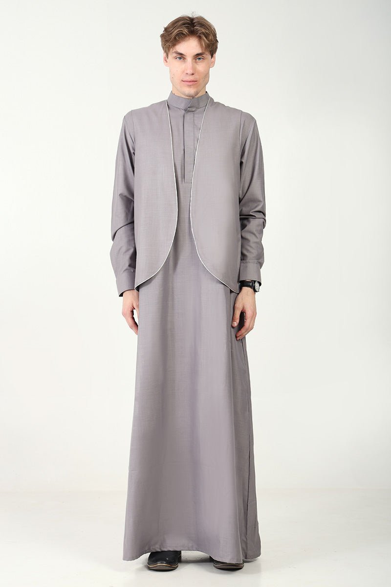 Classic Polyester Poplin Thobe with Matching Sleeveless Jacket - 2 Piece Grey Set for Men | Traditional Islamic Clothing for Prayer, Eid & Special Occasions