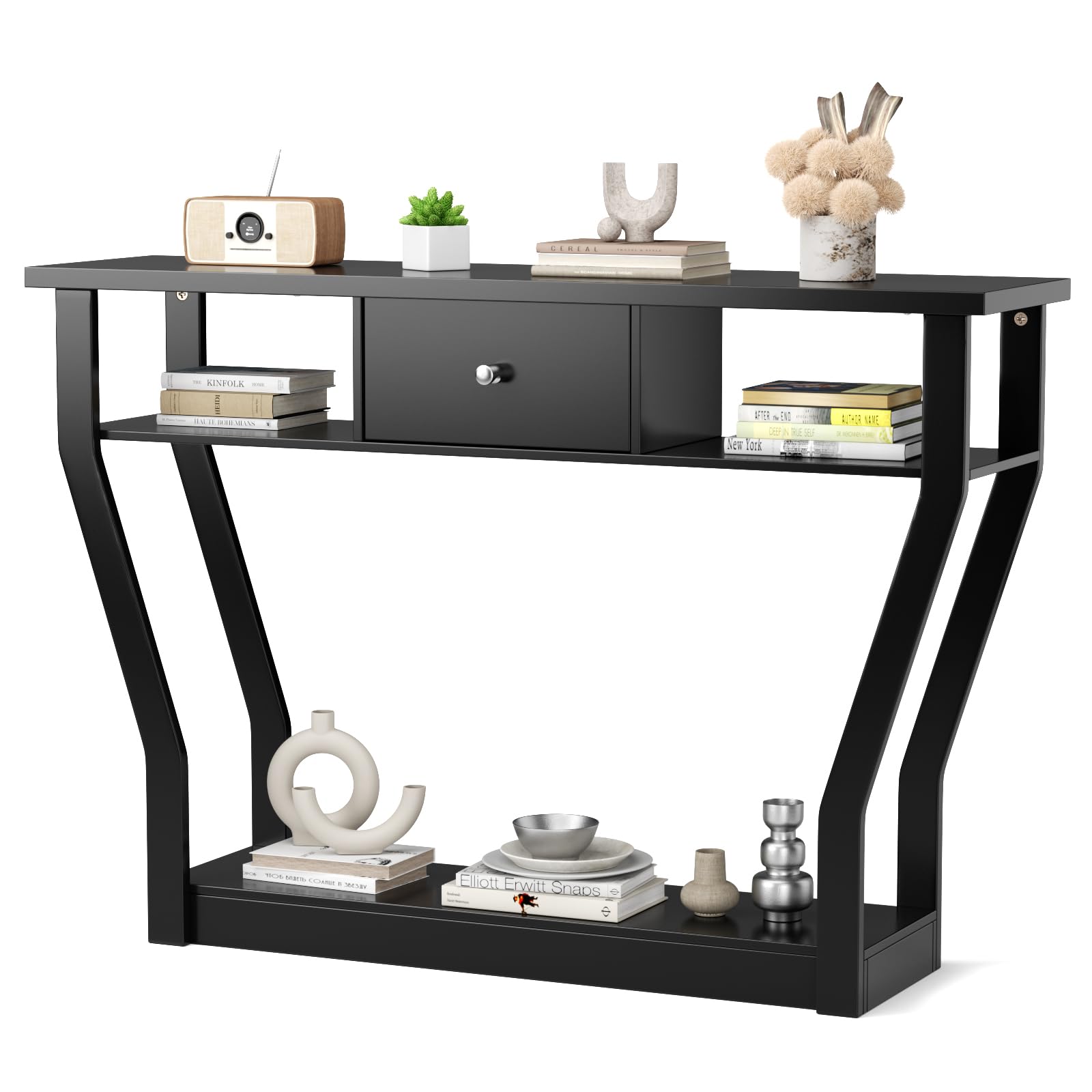 3 Tier Console Table with 1 Drawer & 2 Storage Shelves - Modern Black Sofa Table for Entryway, Living Room, Hallway - Perfect for Small Spaces & Home Decor